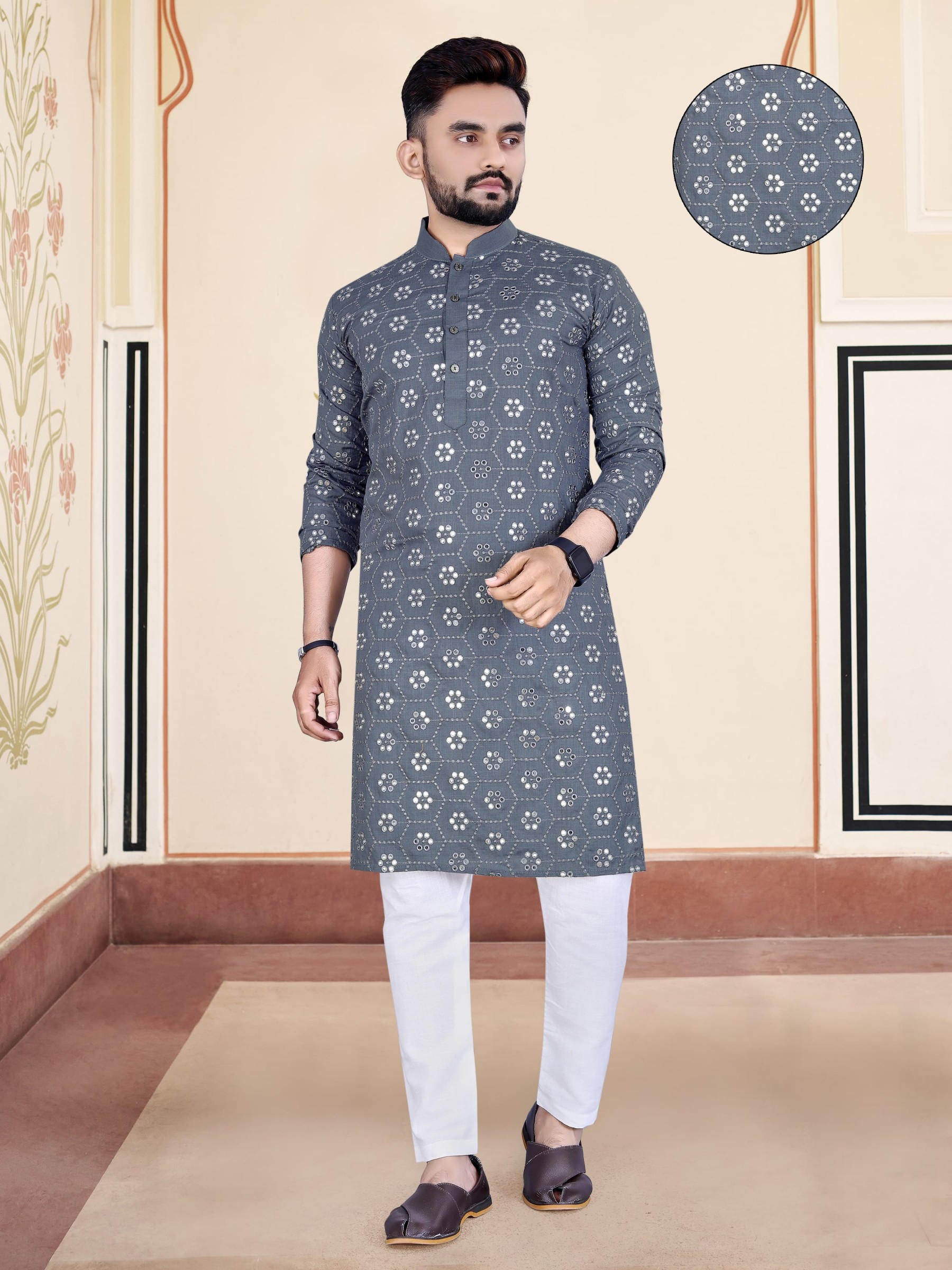 Soft Cotton Silk Readymade Kurta set in with Grey Color Embroidery Work