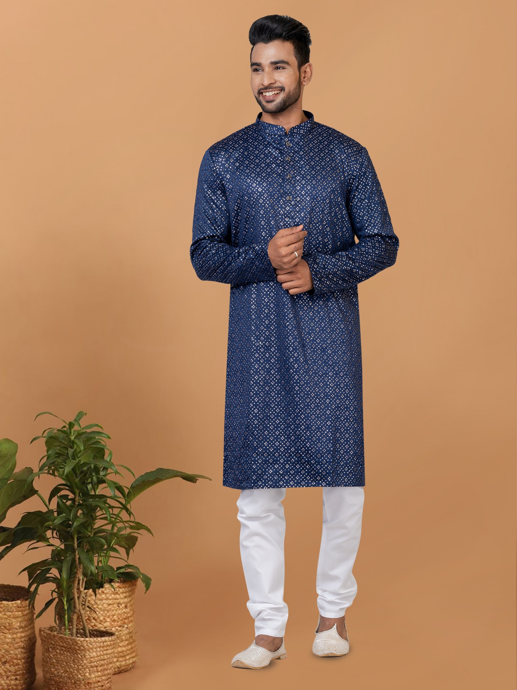 Gaji Silk Readymade Kurta set in Blue color with Sequence Embroidery Work