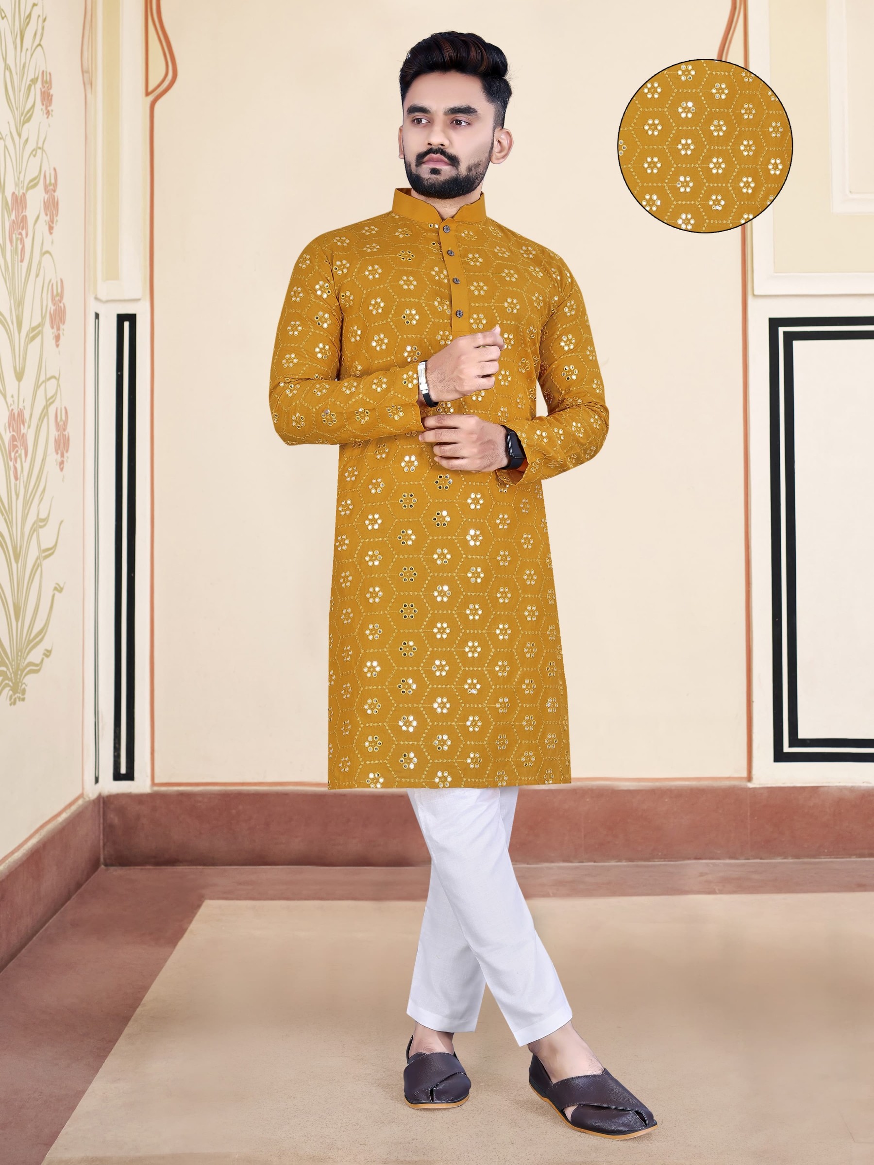 Soft Cotton Silk Readymade Kurta set in with Yellow Color Embroidery Work