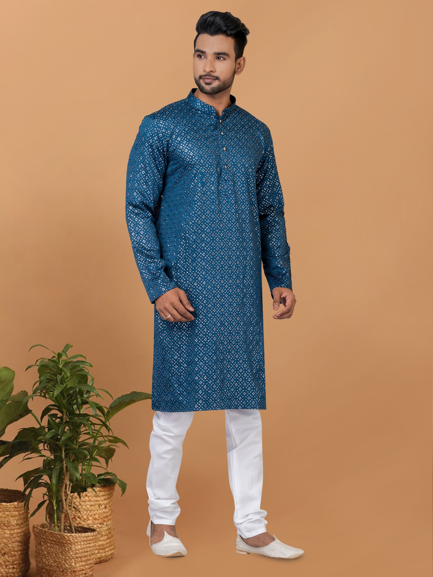 Gaji Silk Readymade Kurta set in Teal color with Sequence Embroidery Work