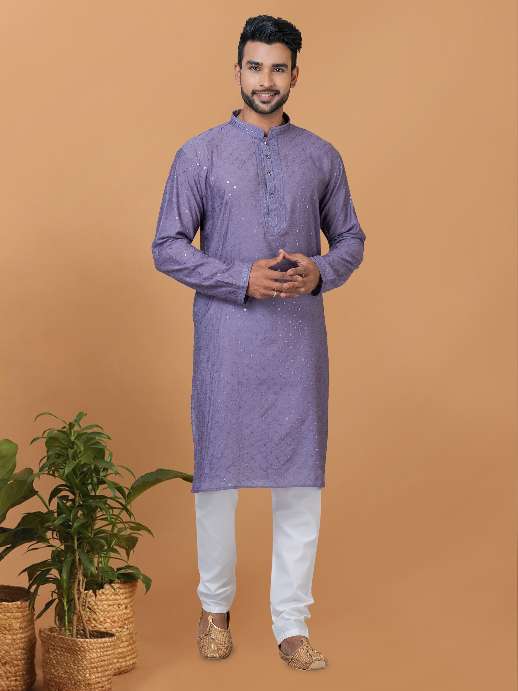 Viscose Cotton Silk Readymade Kurta set in Lavender color with Sequence Embroidery Work