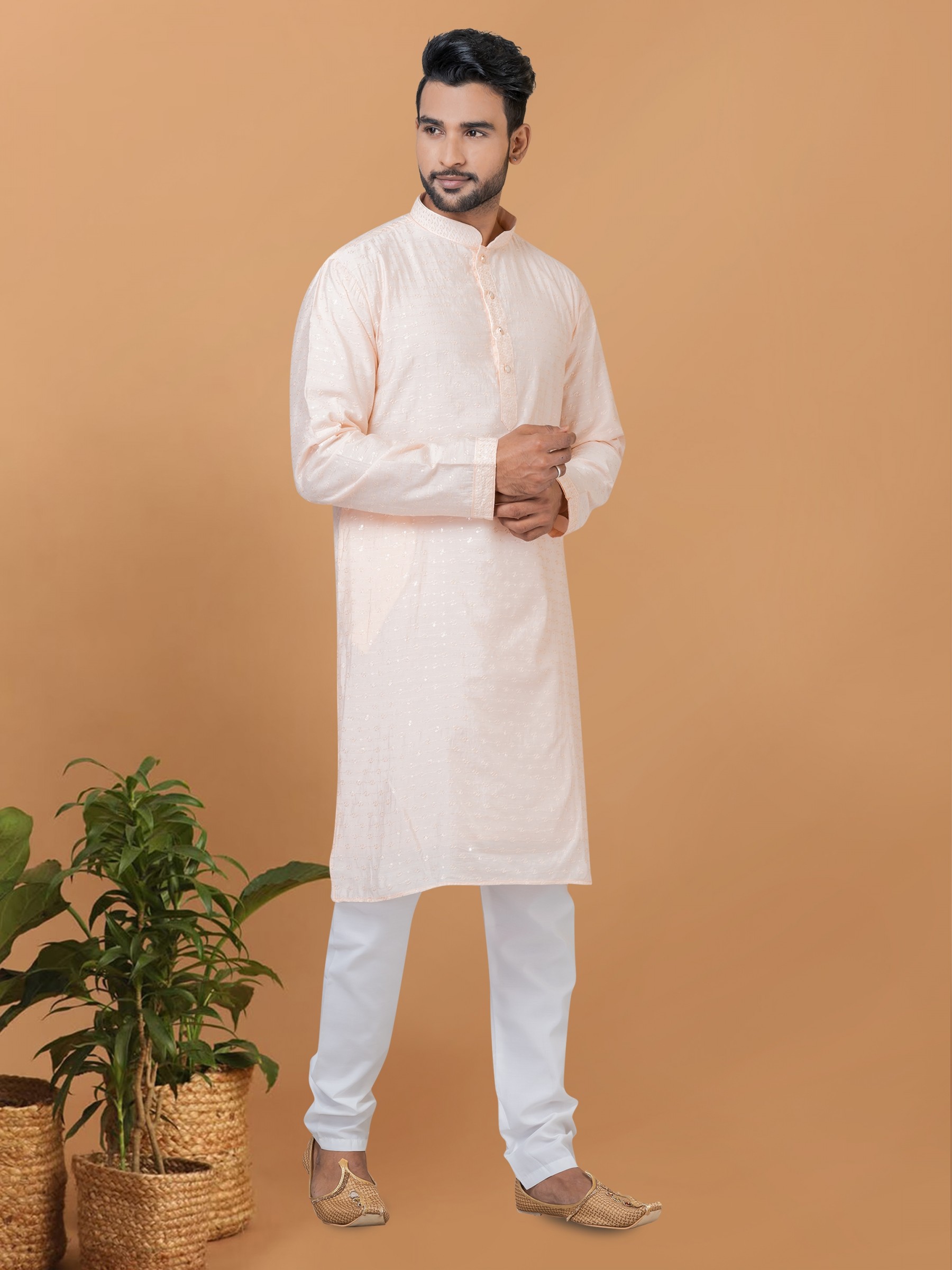 Viscose Cotton Silk Readymade Kurta set in Light Peach color with Sequence Embroidery Work