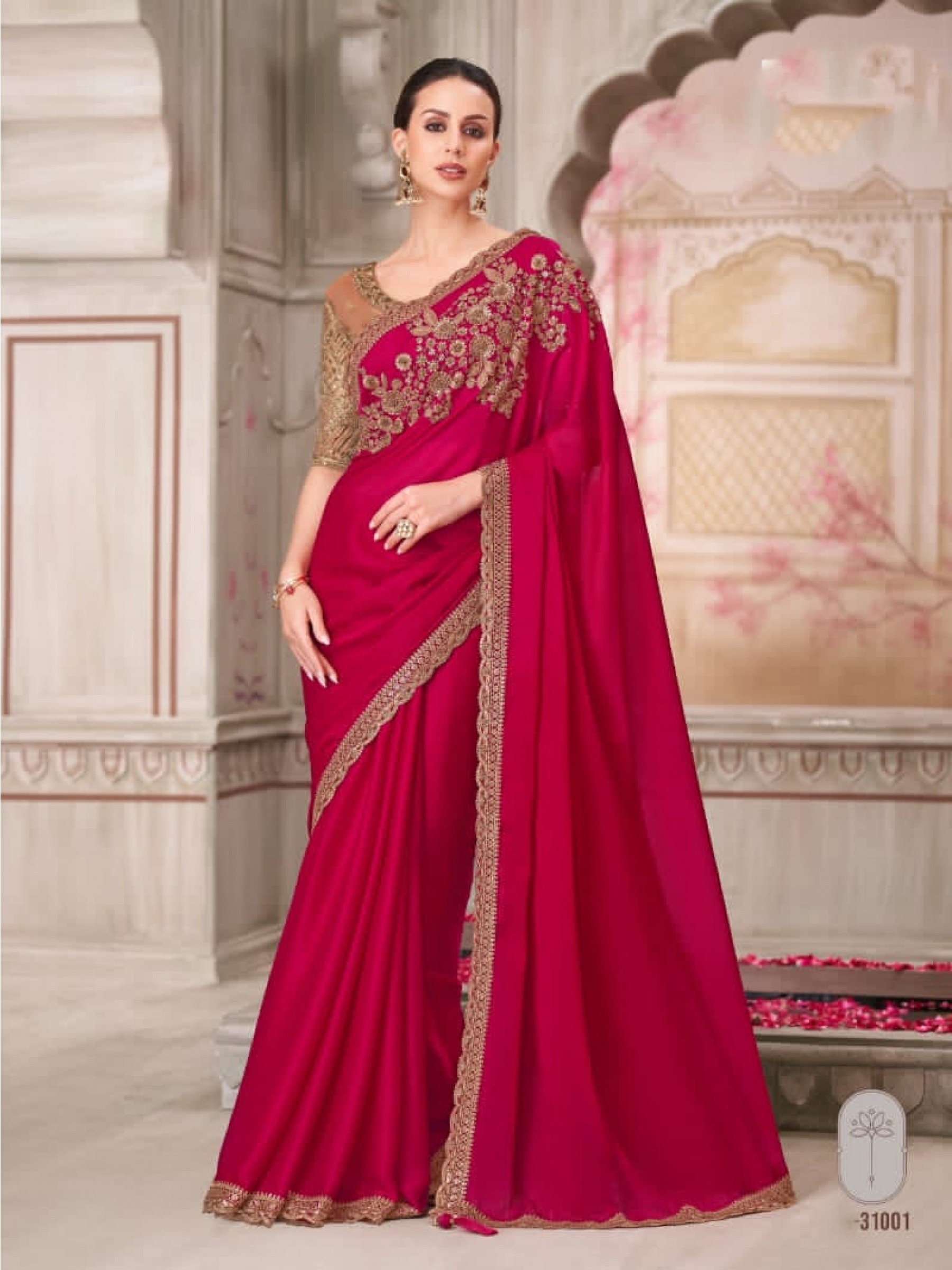 Satin Silk Party wear Saree in Rani Pink Color With Embroidery Work 