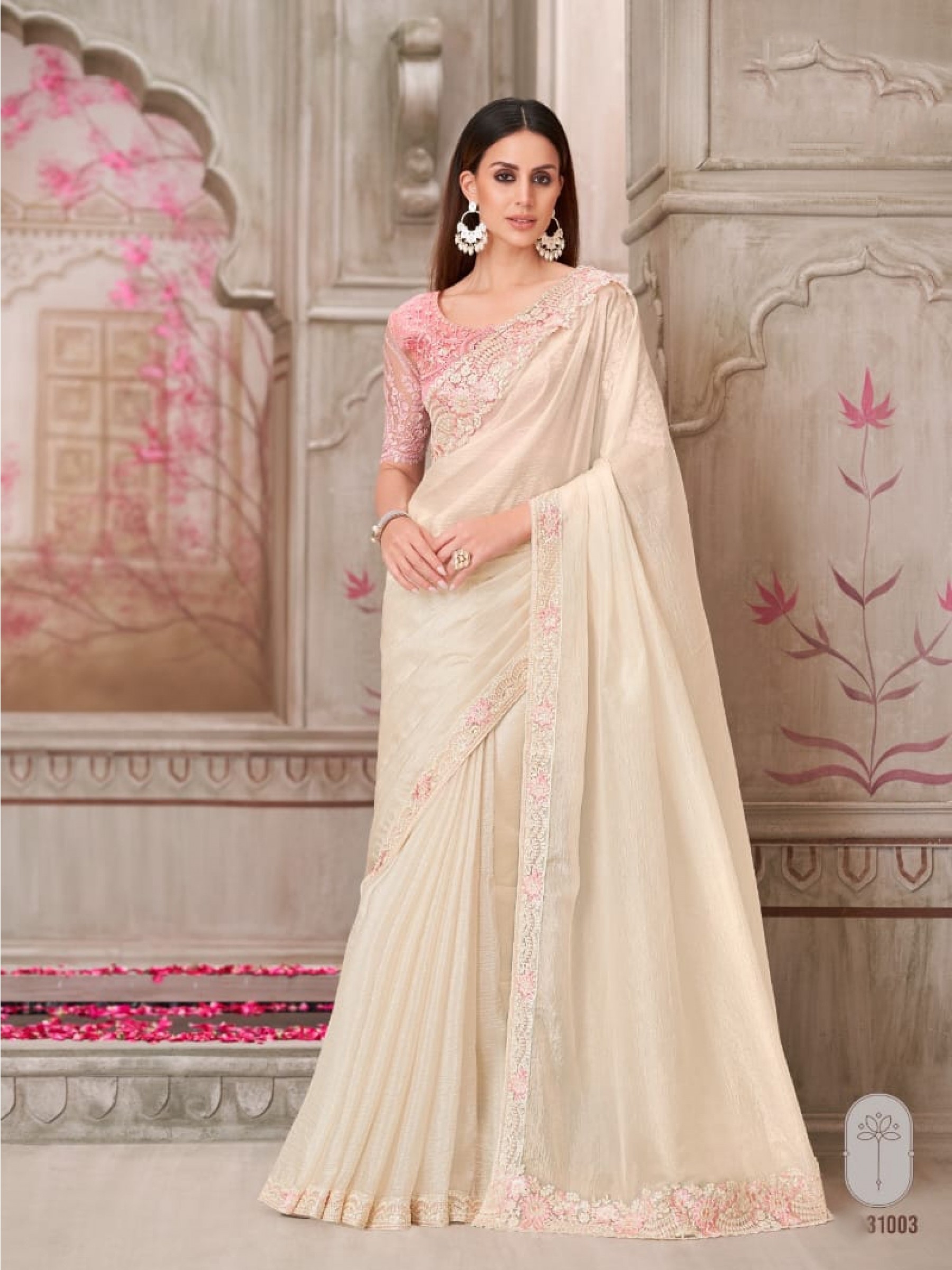 Satin Silk Party wear Saree in Cream Color With Embroidery Work 