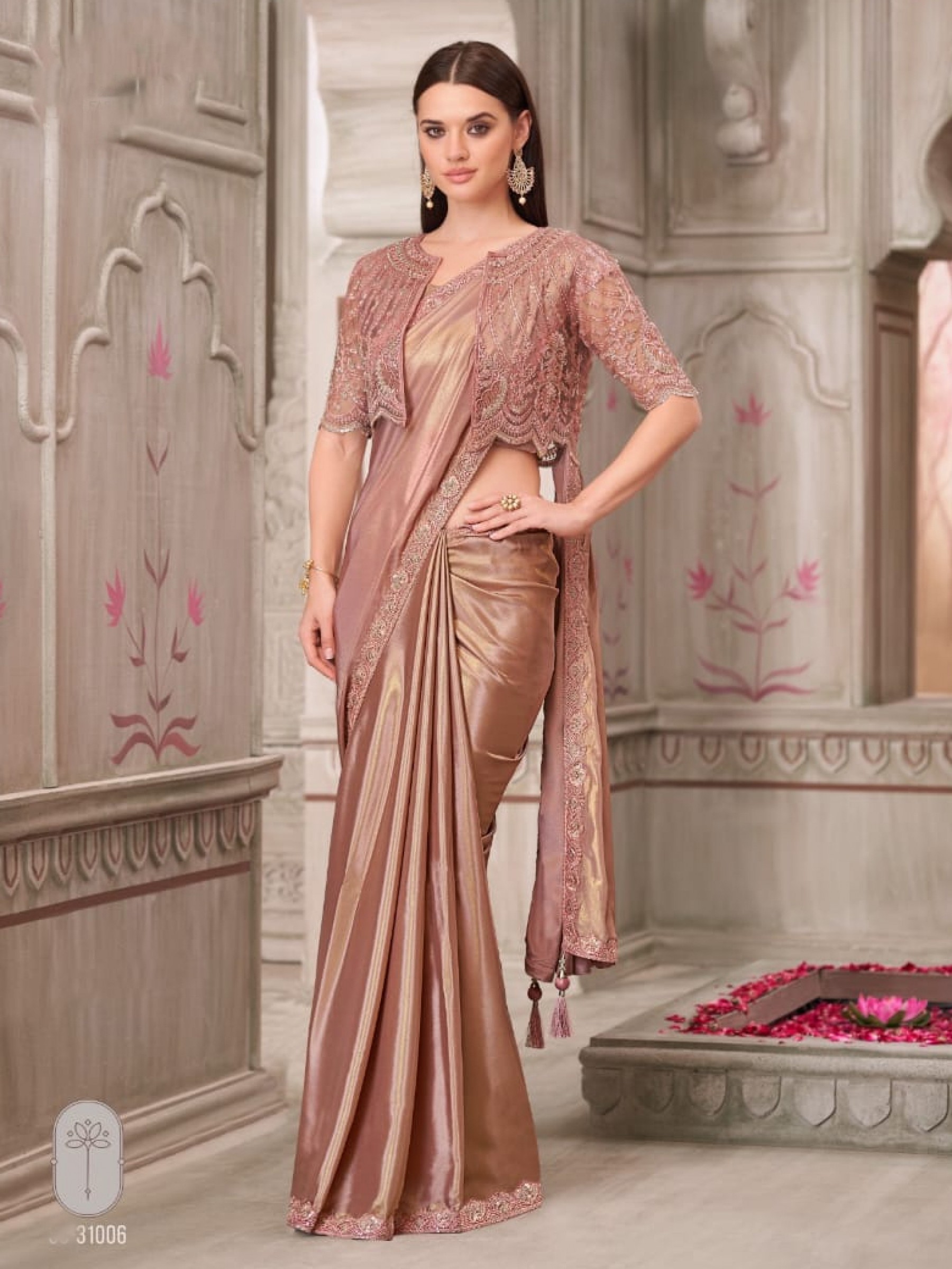 Satin Silk Party wear Saree in Peach Color With Embroidery Work 