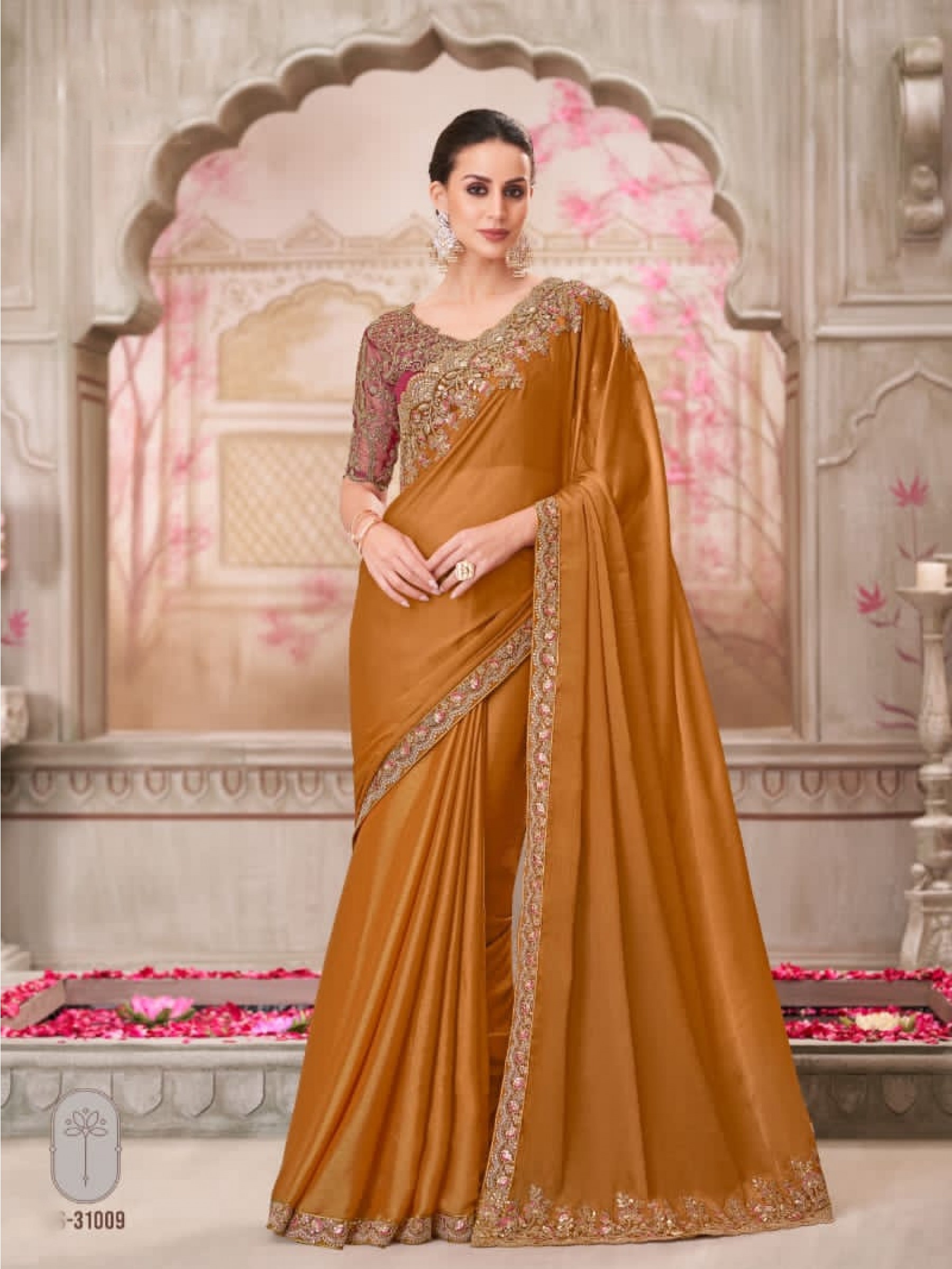 Chiffon Silk Party wear Saree in Mustard Color With Embroidery Work 