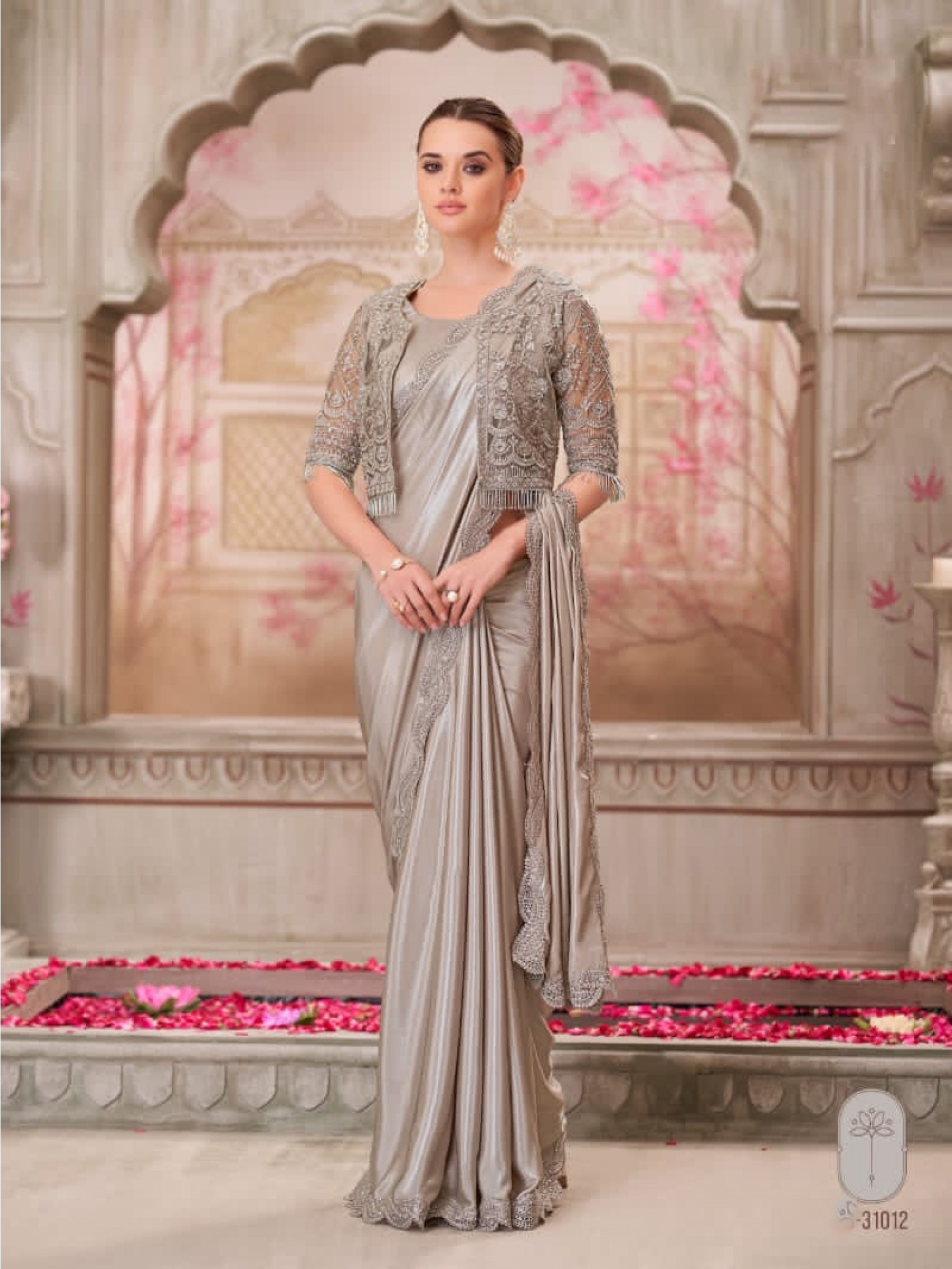 Satin Silk Party wear Saree in Beige Color With Embroidery Work 