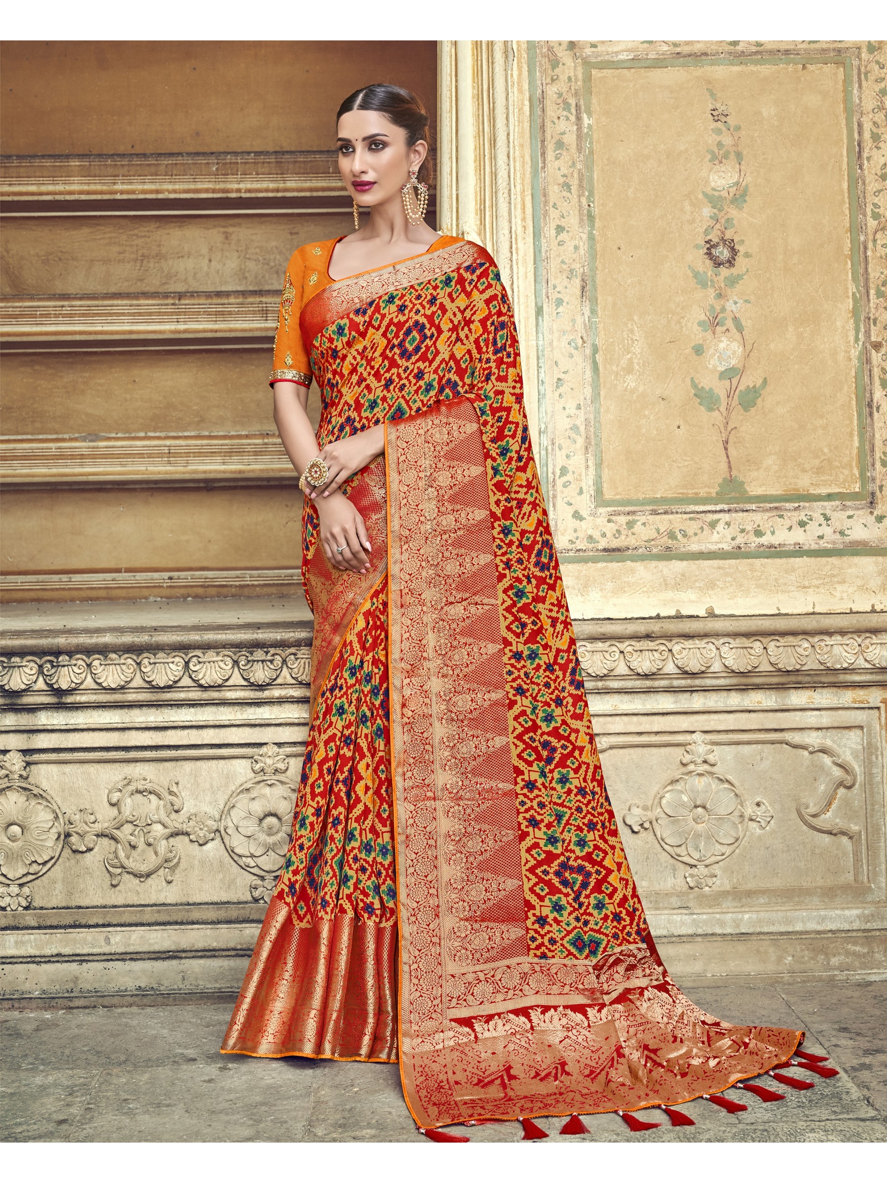 Mustard Color Dola Silk Saree with Embroidery and stone work  