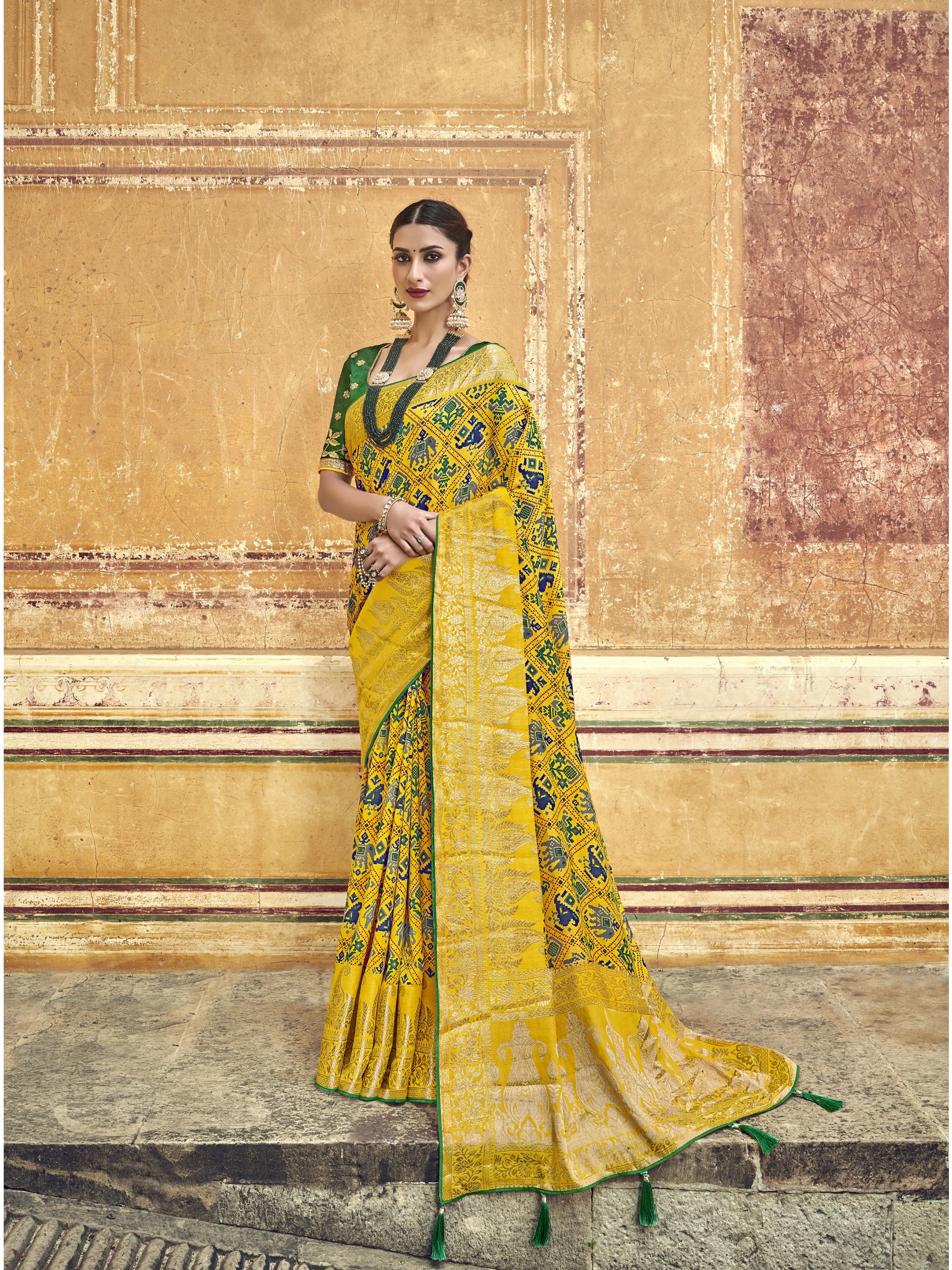 Yellow Color Dola Silk Saree with Embroidery and stone work  