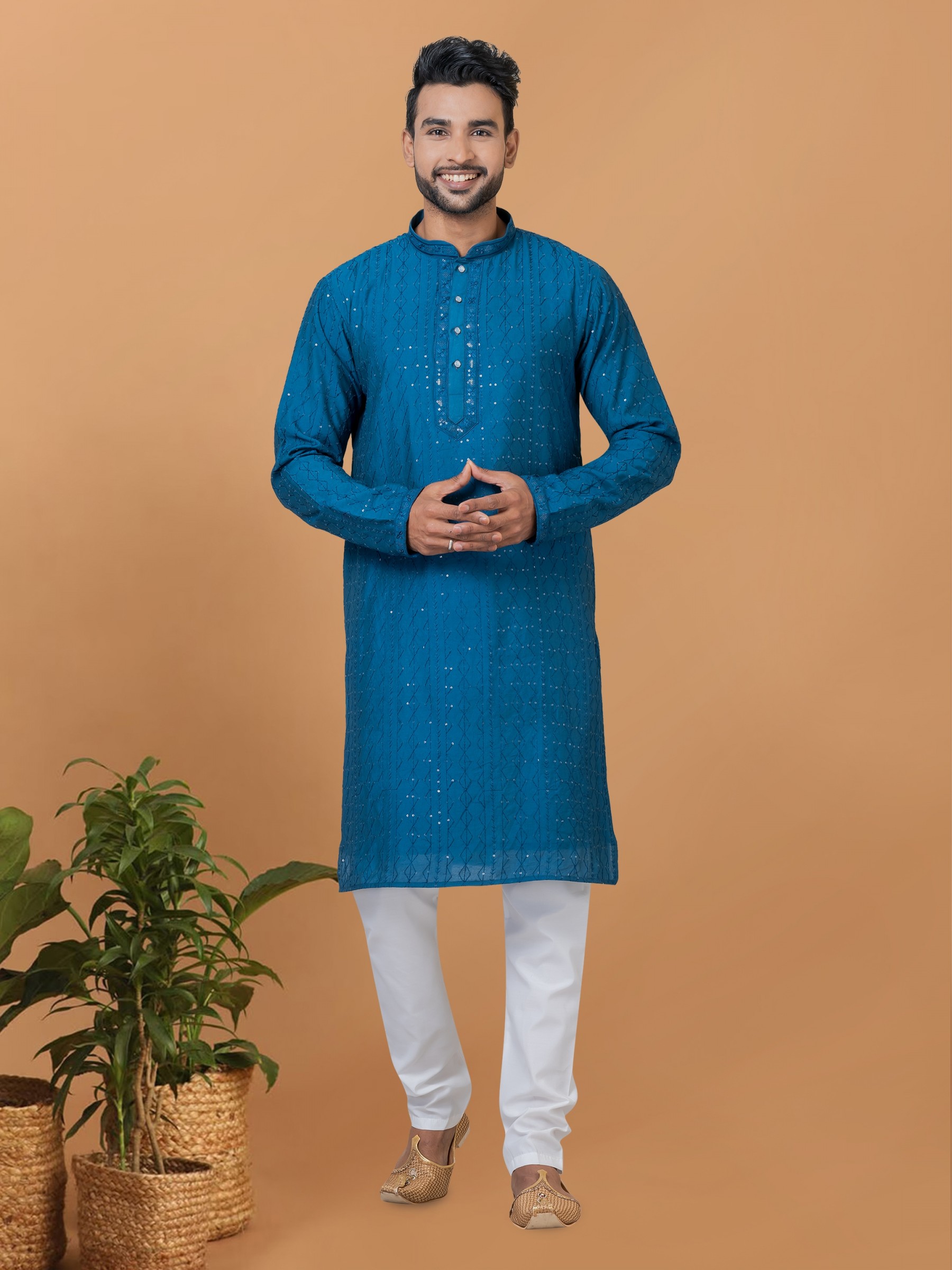 Viscose Cotton Silk Readymade Kurta set in Teal color with Sequence Embroidery Work
