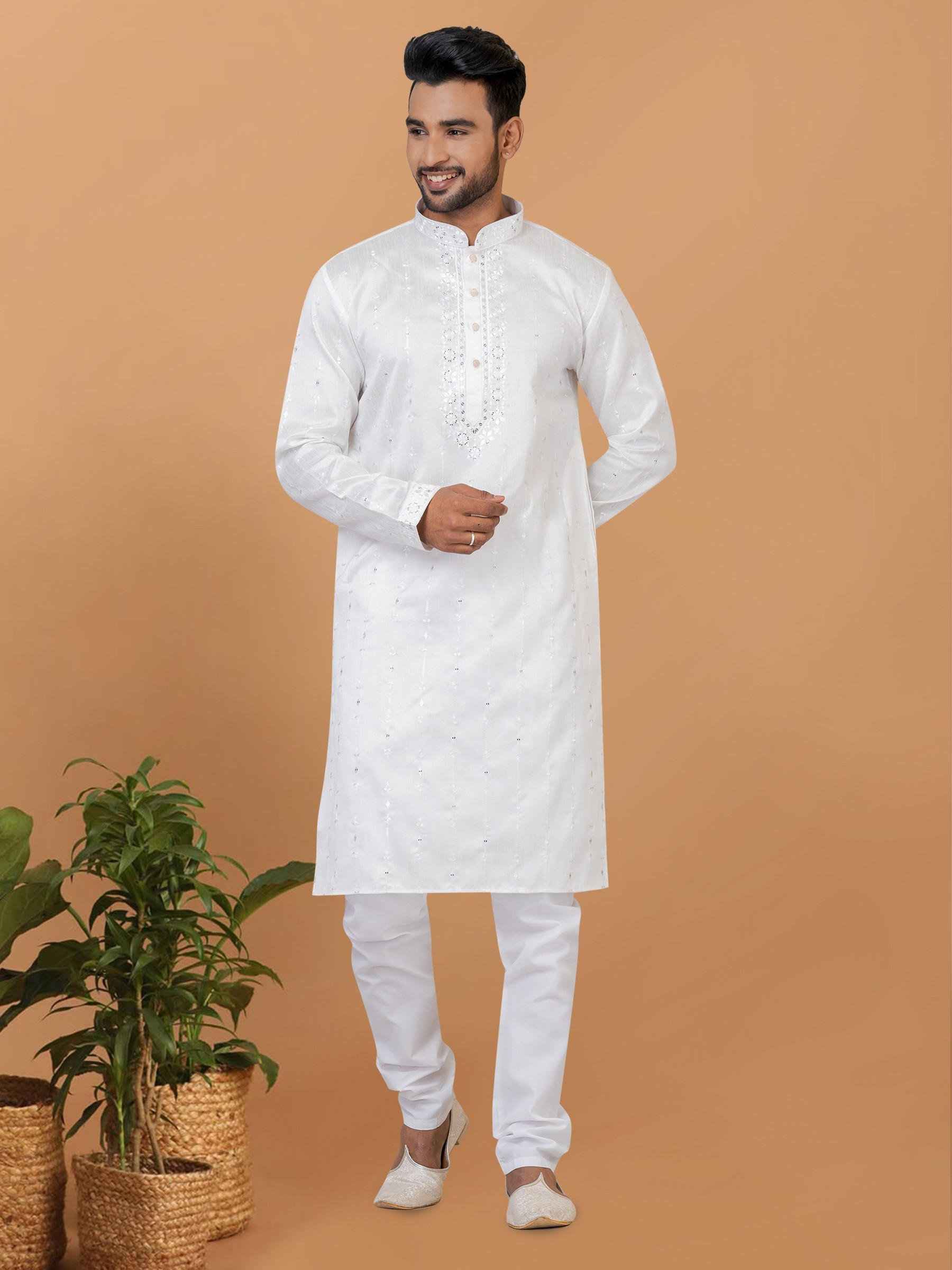 Silk Readymade Kurta set in White color 