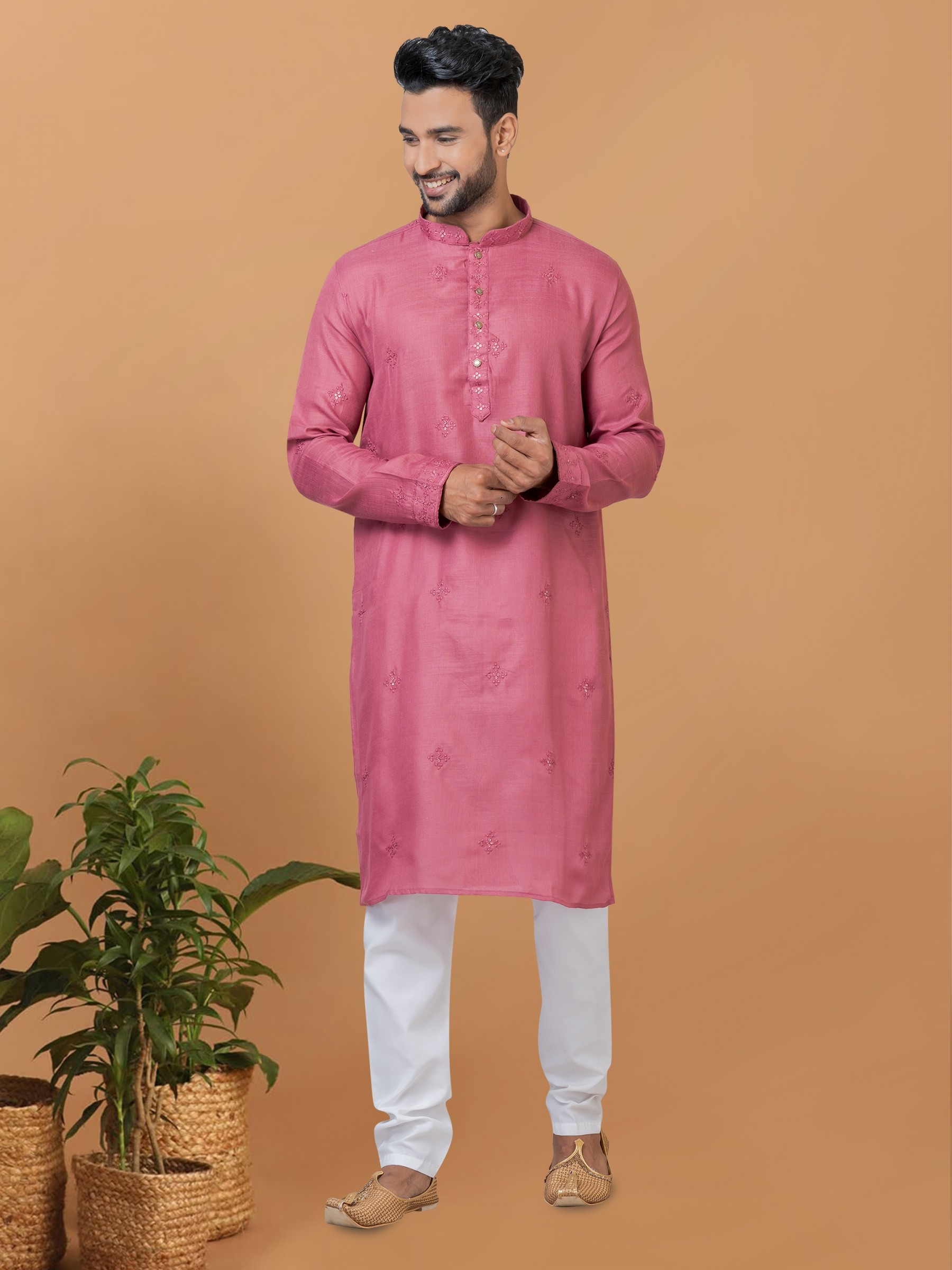 Cotton Readymade Kurta set in Pink Color with Sequence Embroidery Work