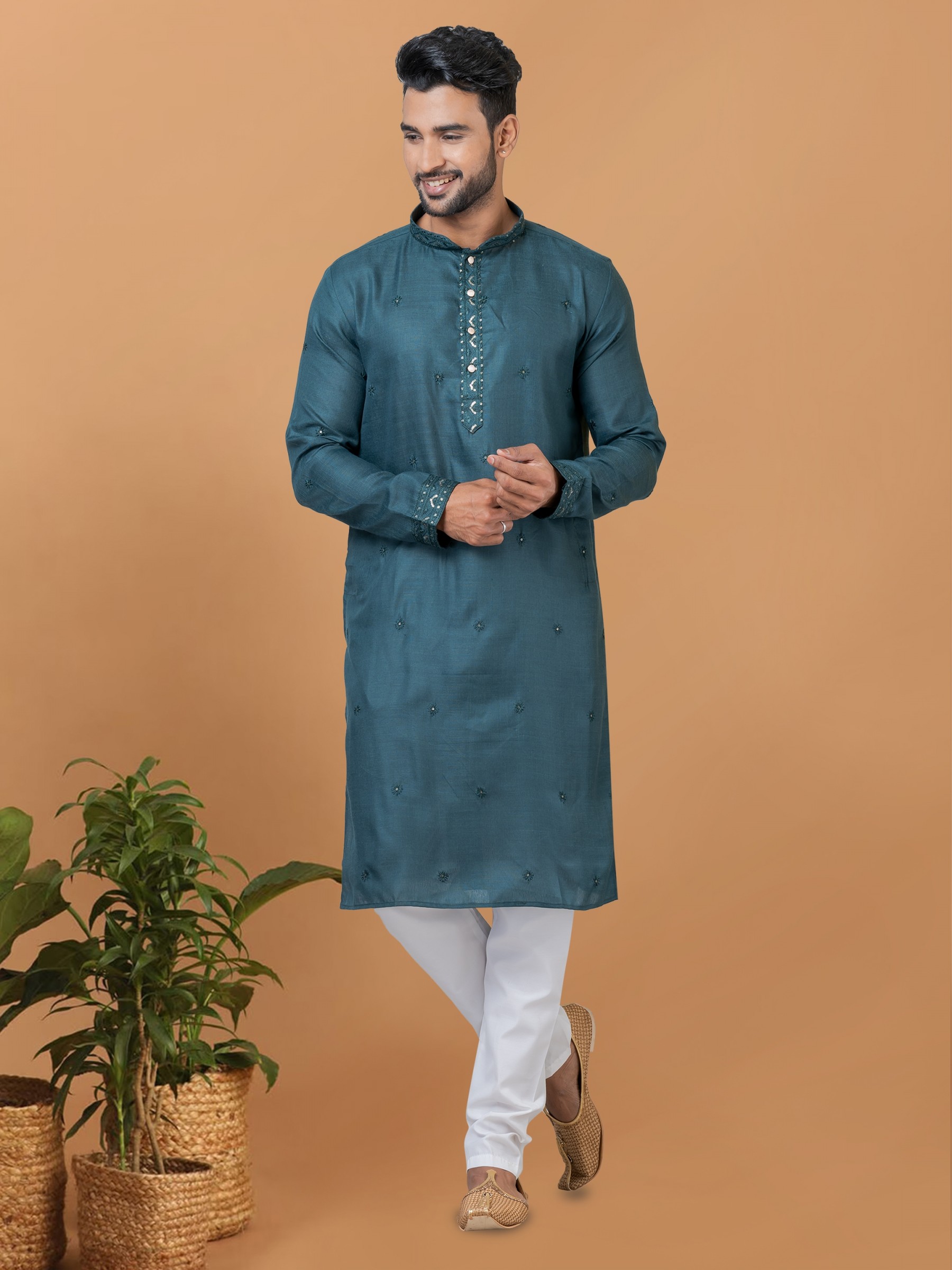 Cotton Readymade Kurta set in Teal Color with Sequence Embroidery Work
