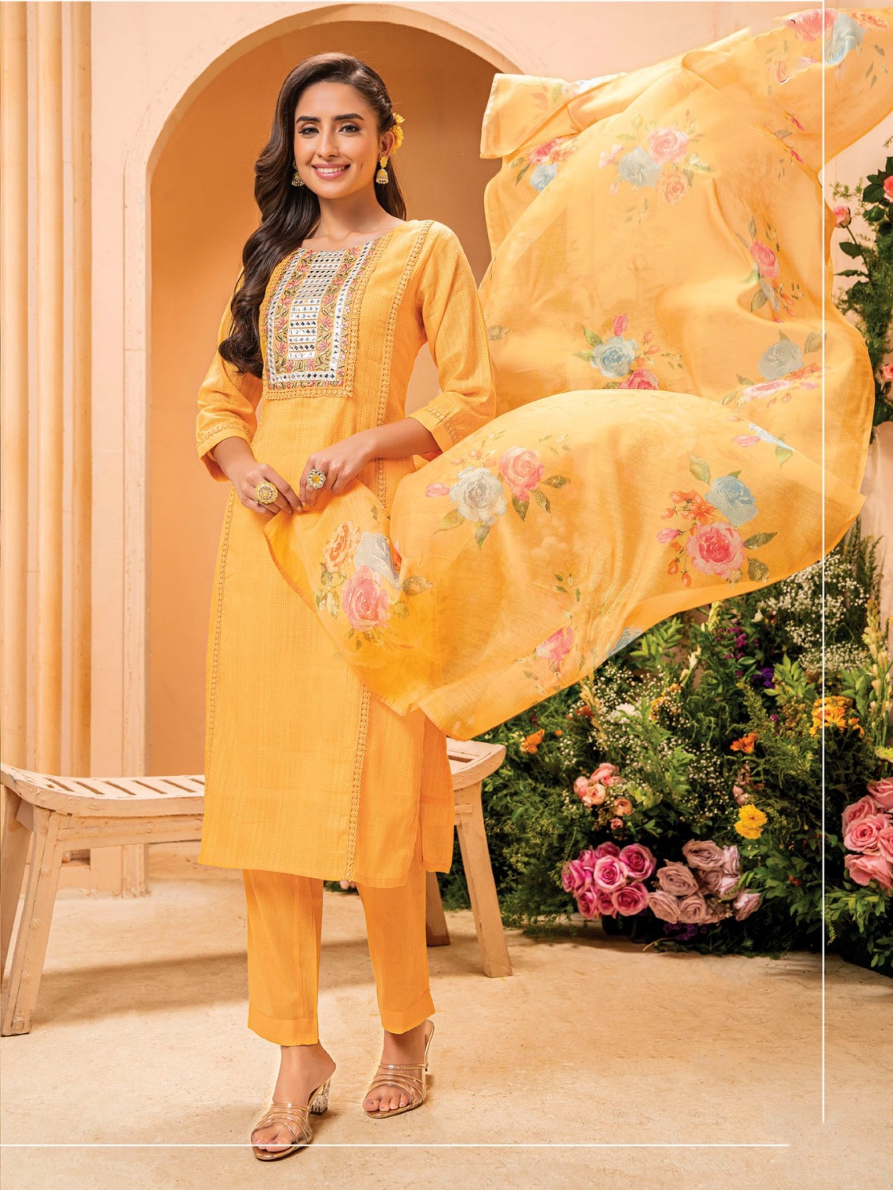 Pure Viscose Silk Casual Wear Suit In Yellow Color With Embroidery Work 