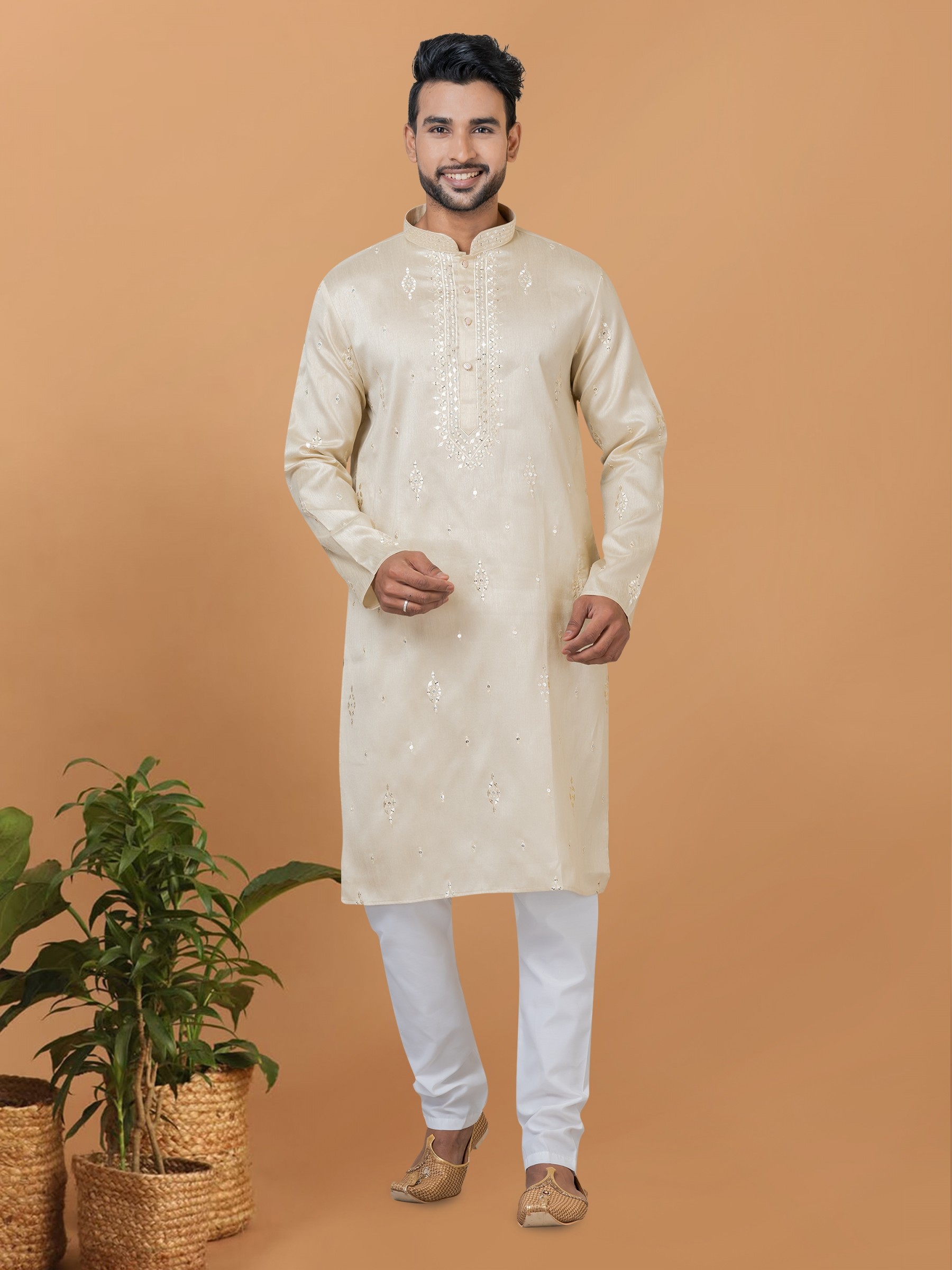 Silk Readymade Kurta set in Beige color