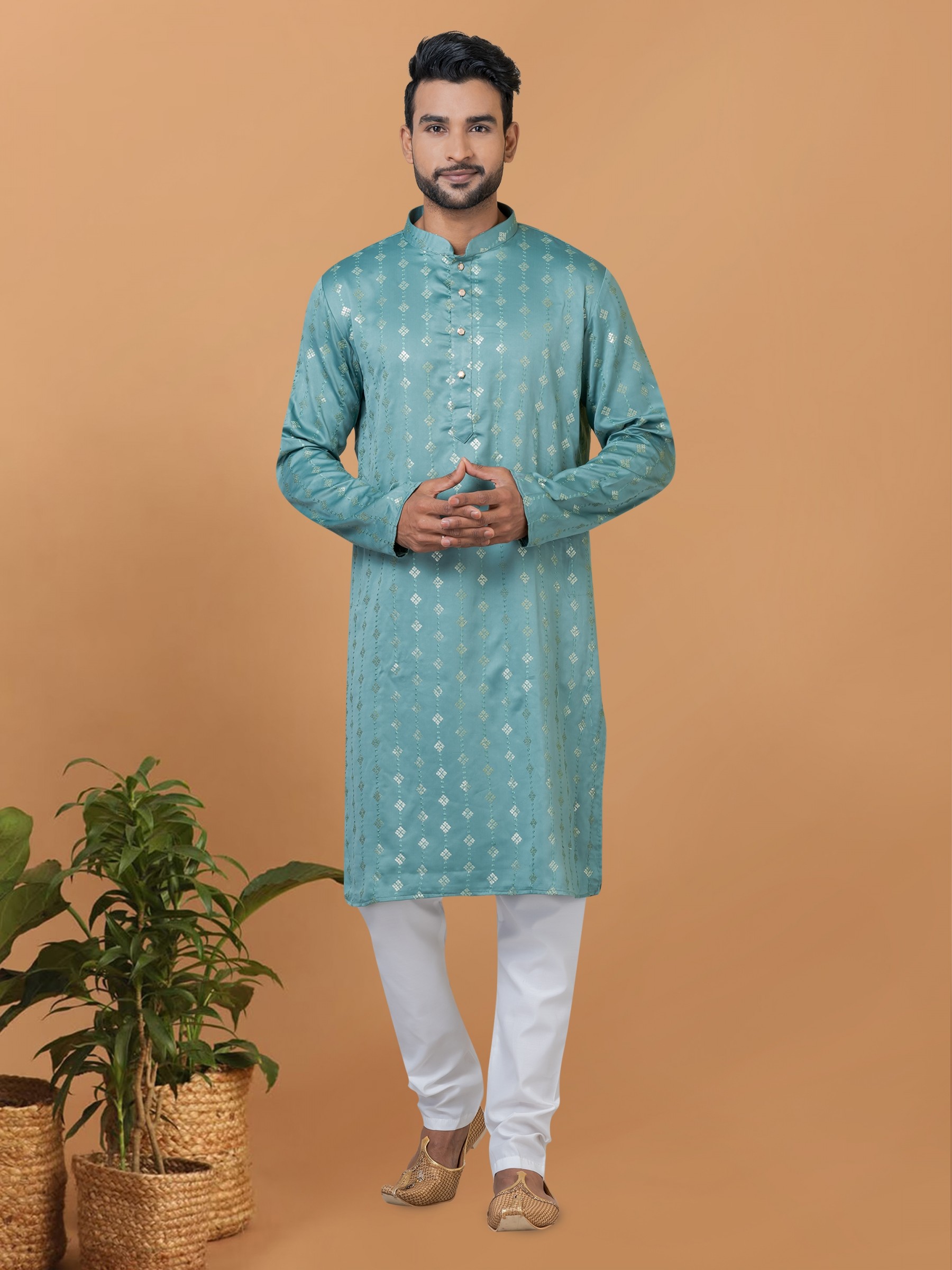 Gaji Silk Readymade Kurta set in Blue Color with Sequence Embroidery Work