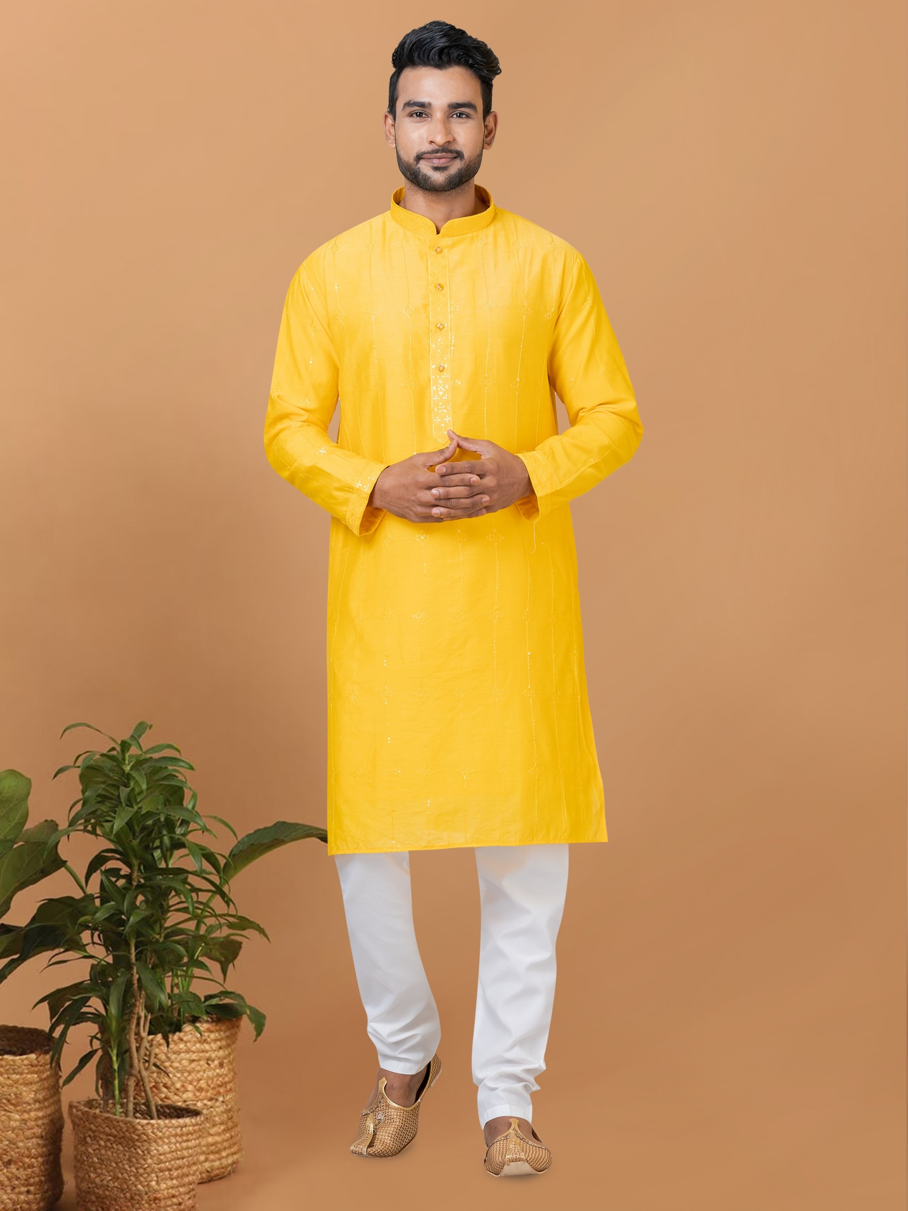 Viscose Cotton Silk Readymade Kurta set in Yellow color with Sequence Embroidery Work