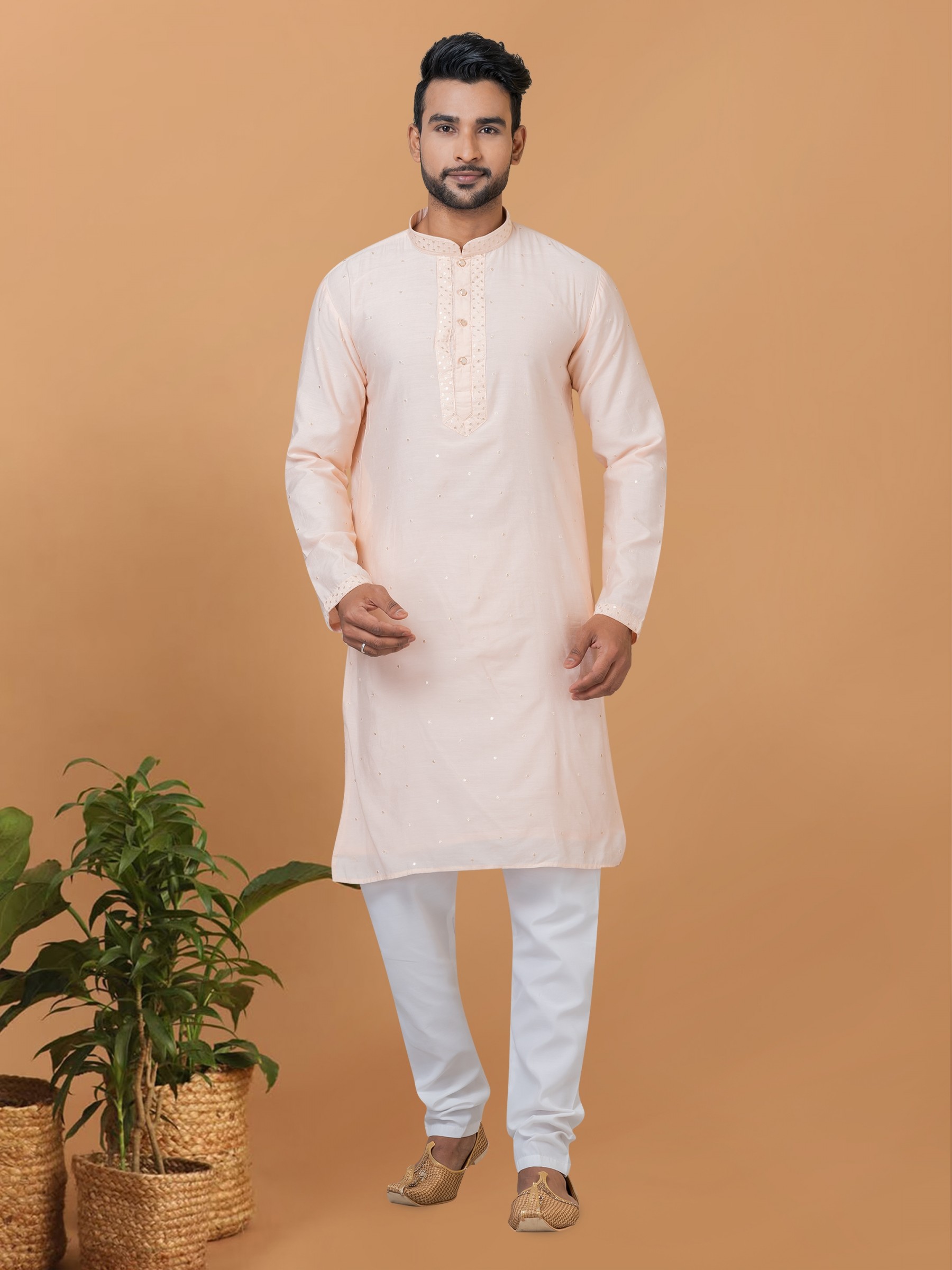 Viscose Cotton Silk Readymade Kurta set in Light Peach color with Sequence Embroidery Work