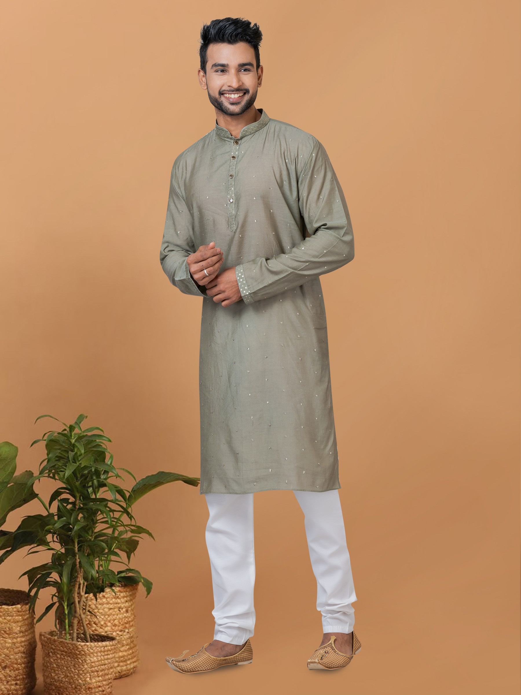 Viscose Cotton Silk Readymade Kurta set in Dull Green color with Sequence Embroidery Work