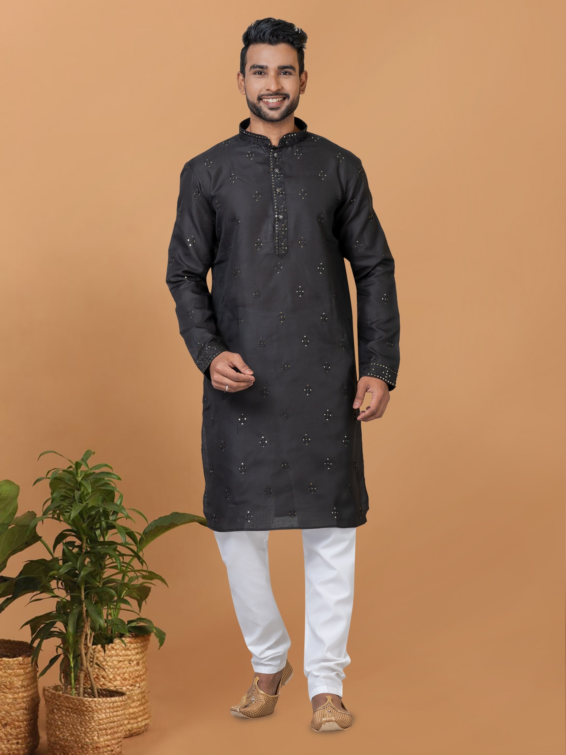 Cotton Readymade Kurta set in Black Color with Sequence Embroidery Work