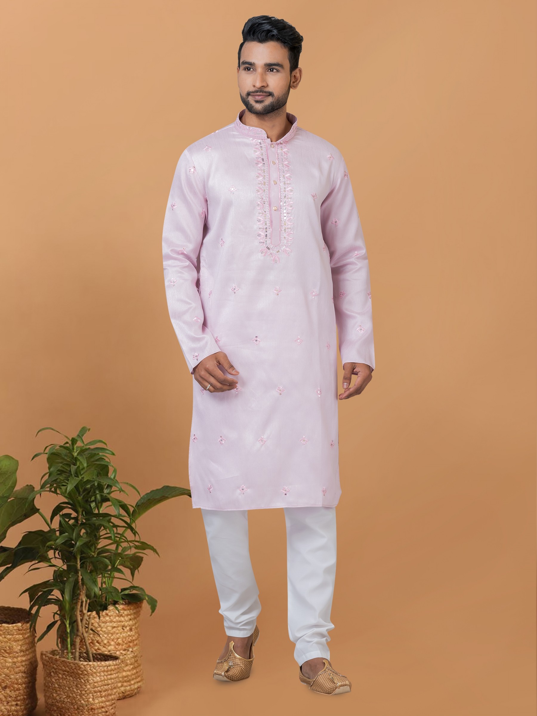 Silk Readymade Kurta set in Light Pink color 