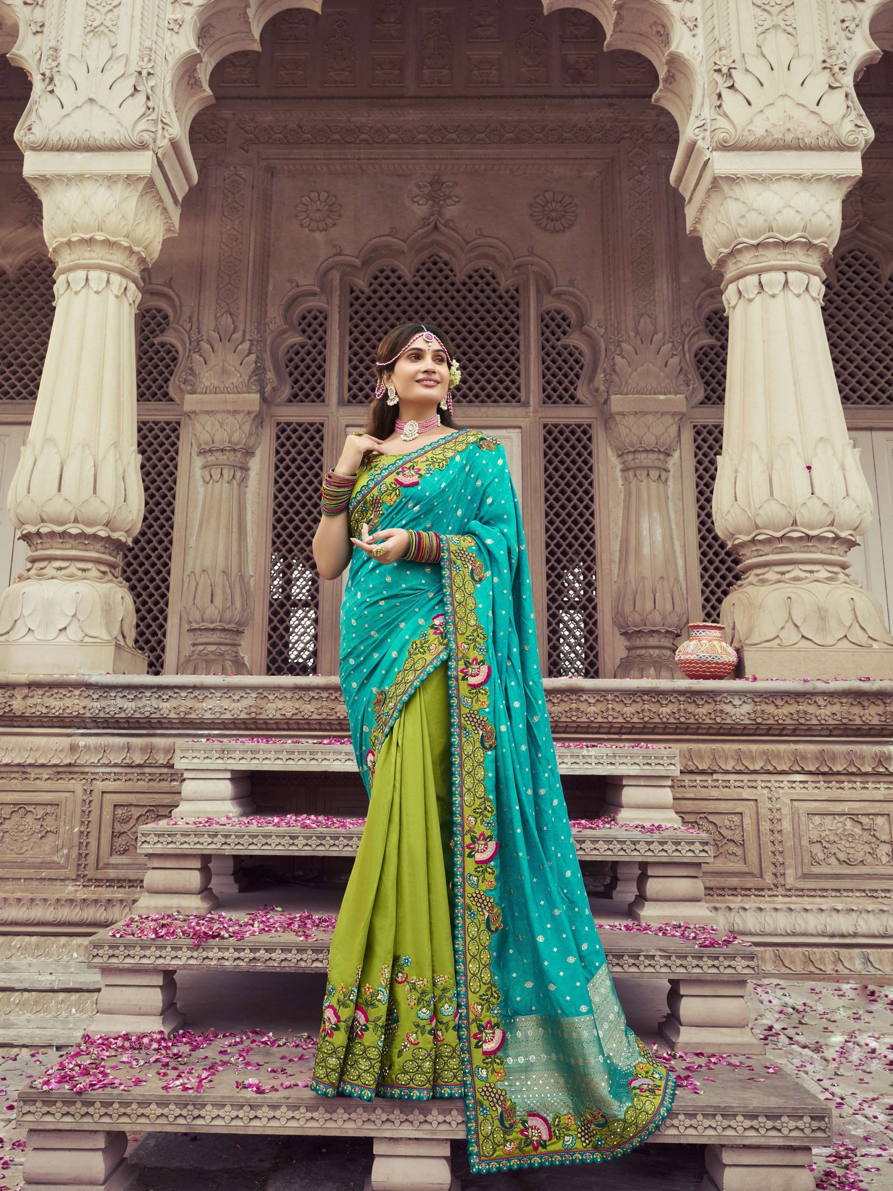 Pure Dola Silk Wedding Wear Saree In Turquoise & Green Color With Embroidery Work