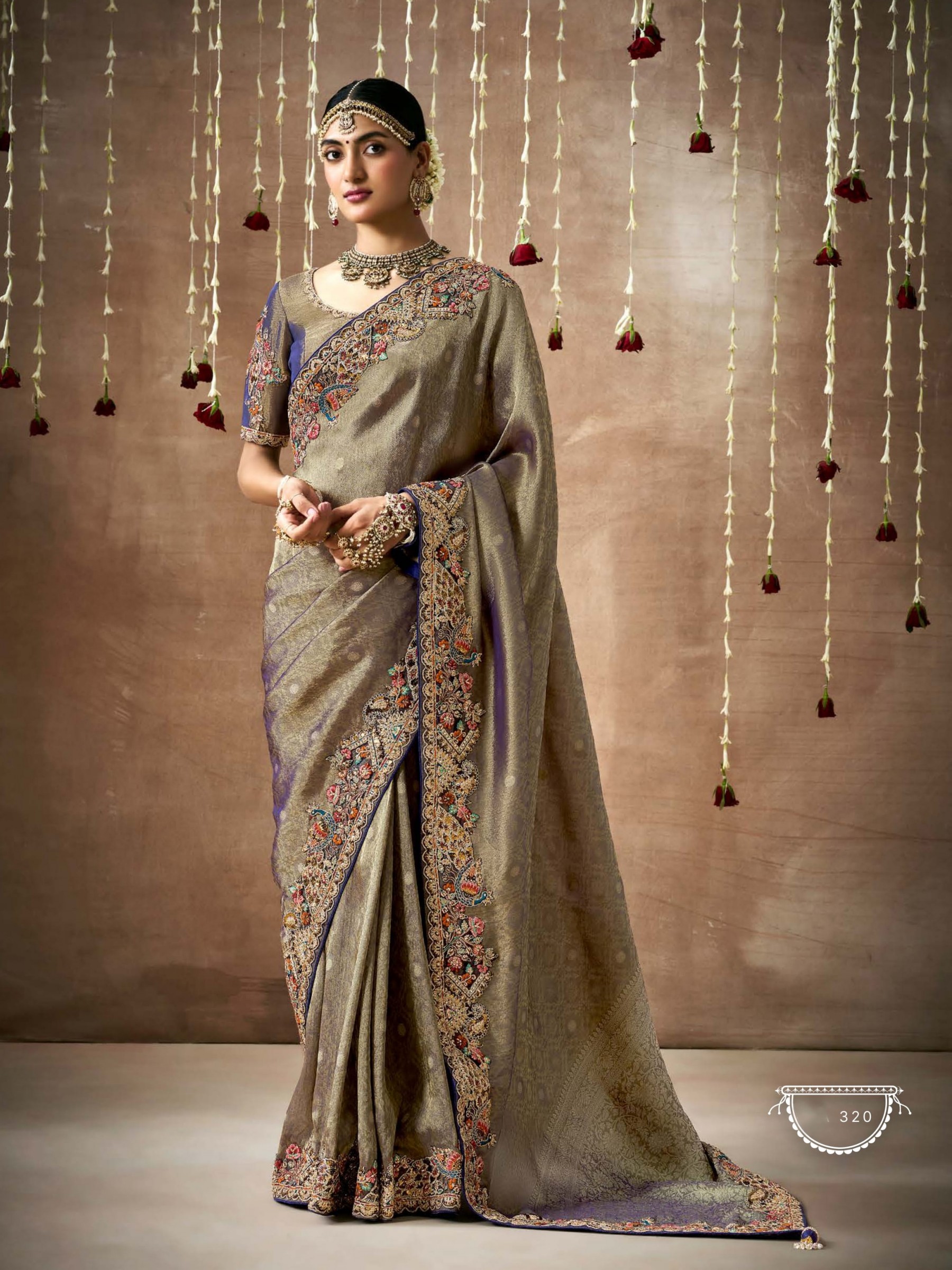 Pure Organza Silk Party wear Saree Olive Color With Embroidery Work 