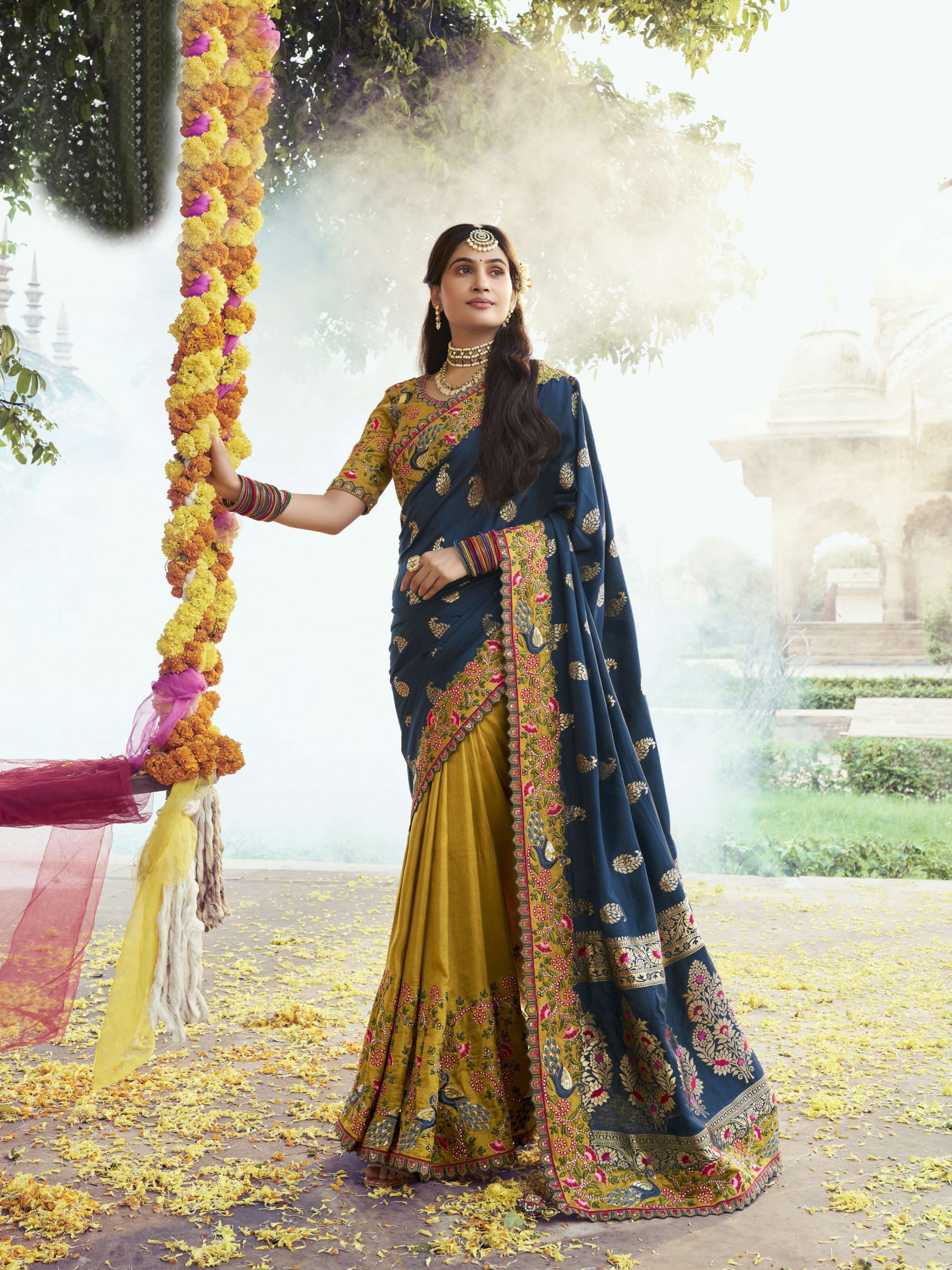 Pure Dola Silk Wedding Wear Saree In Blue Color With Embroidery Work
