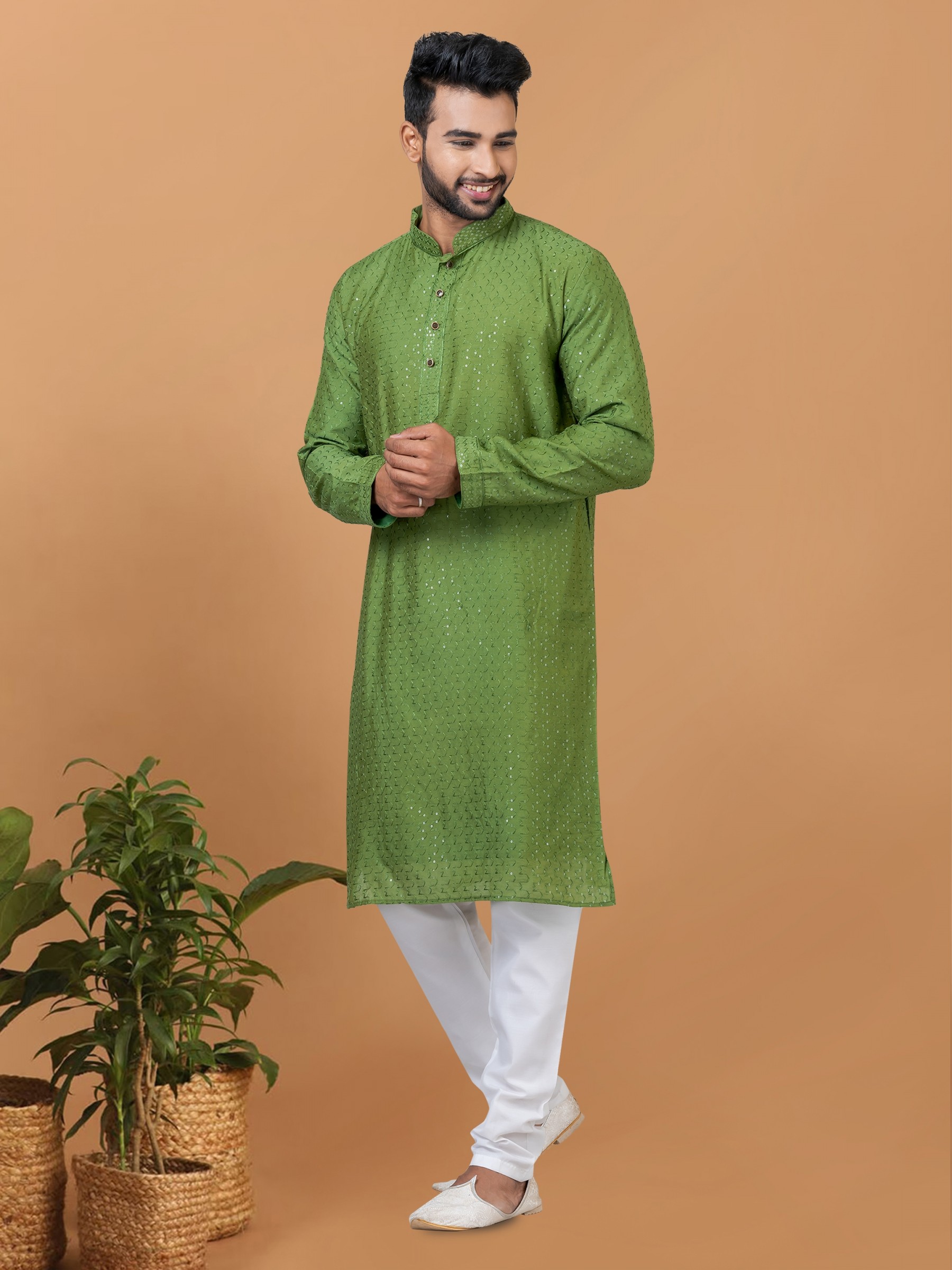 Viscose Cotton Silk Readymade Kurta set in Olive Green with Sequence Embroidery Work