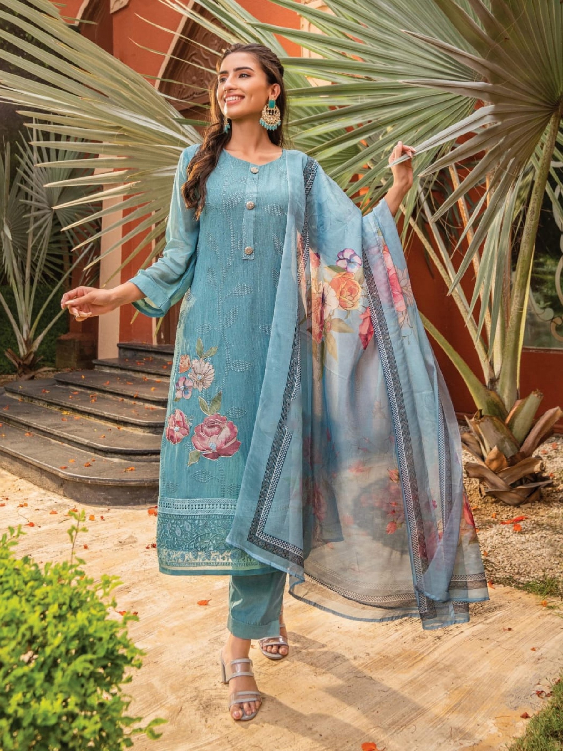 Pure Georgette Party Wear Suit In Sea Blue Color With Embroidery & Handwork 