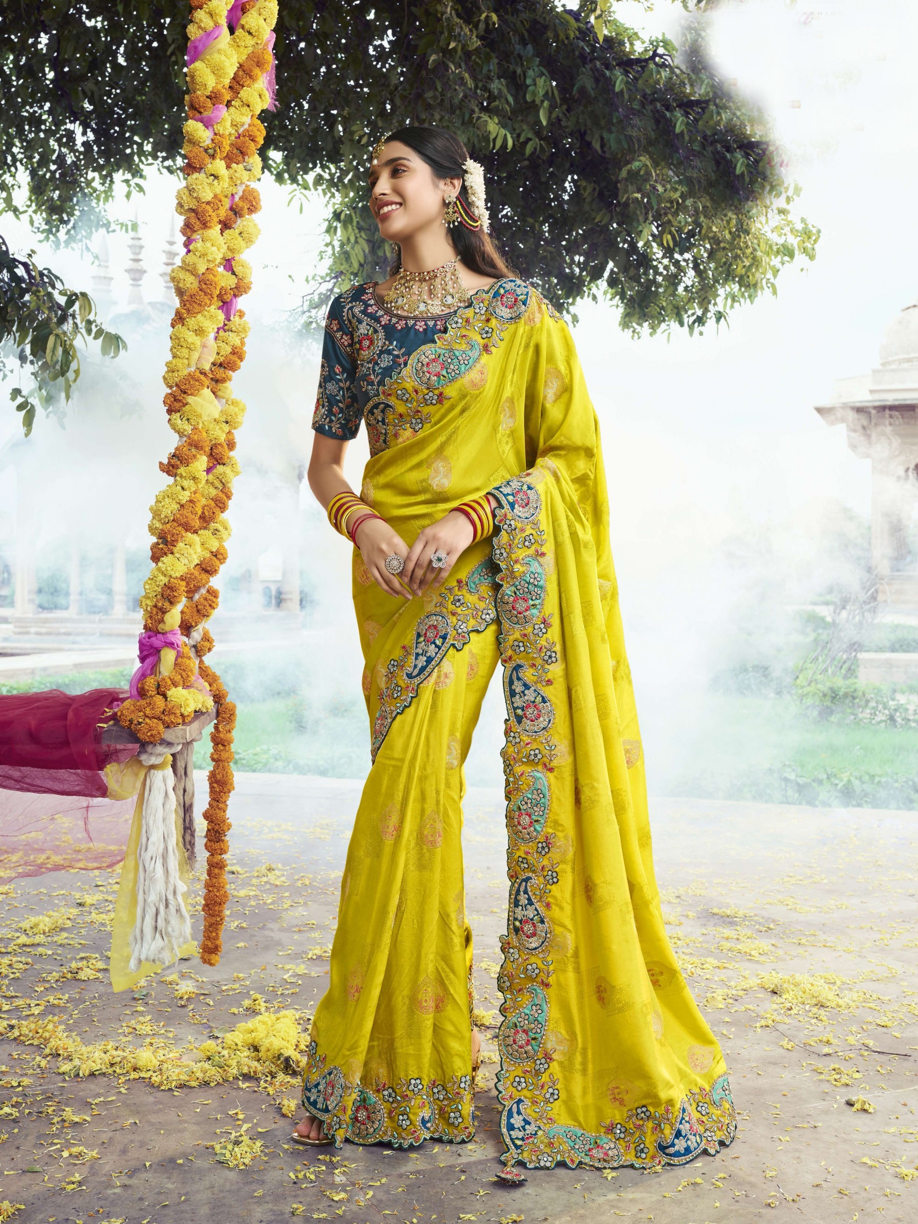Pure Dola Silk Wedding Wear Saree In Yellow Color With Embroidery Work