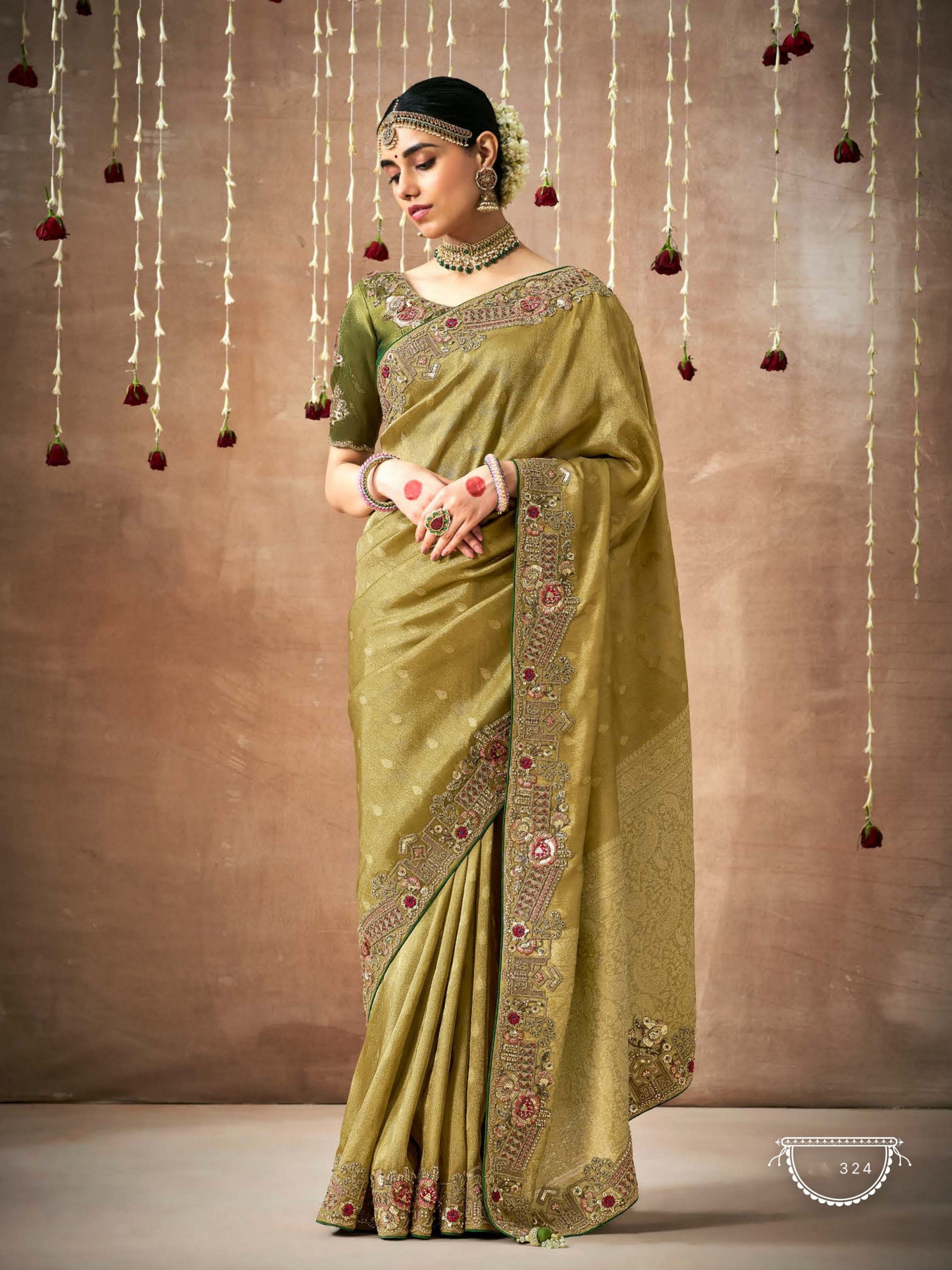 Pure Organza Silk Party wear Saree Green Color With Embroidery Work 