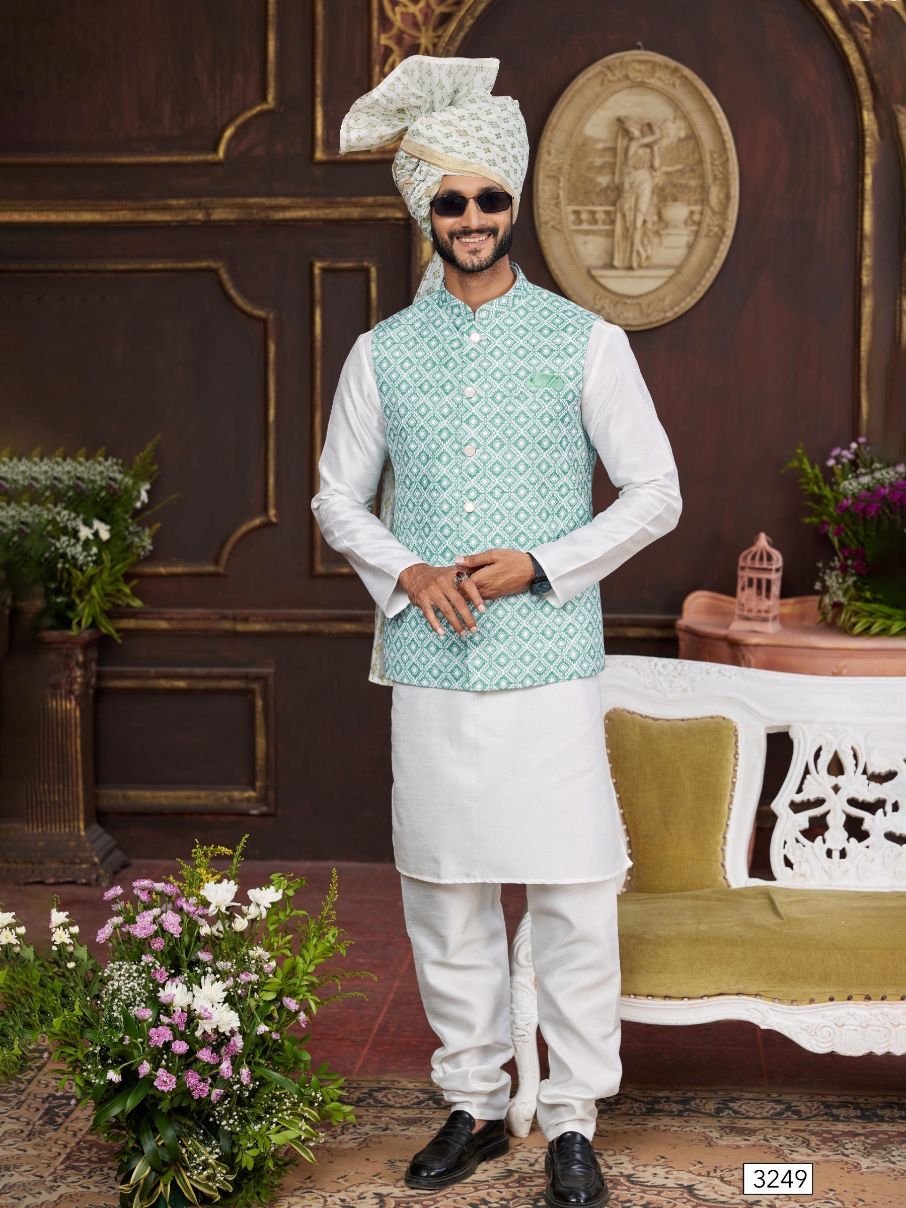 Art Silk Digital Print Readymade Koti Kurta in Green & Off White Color  