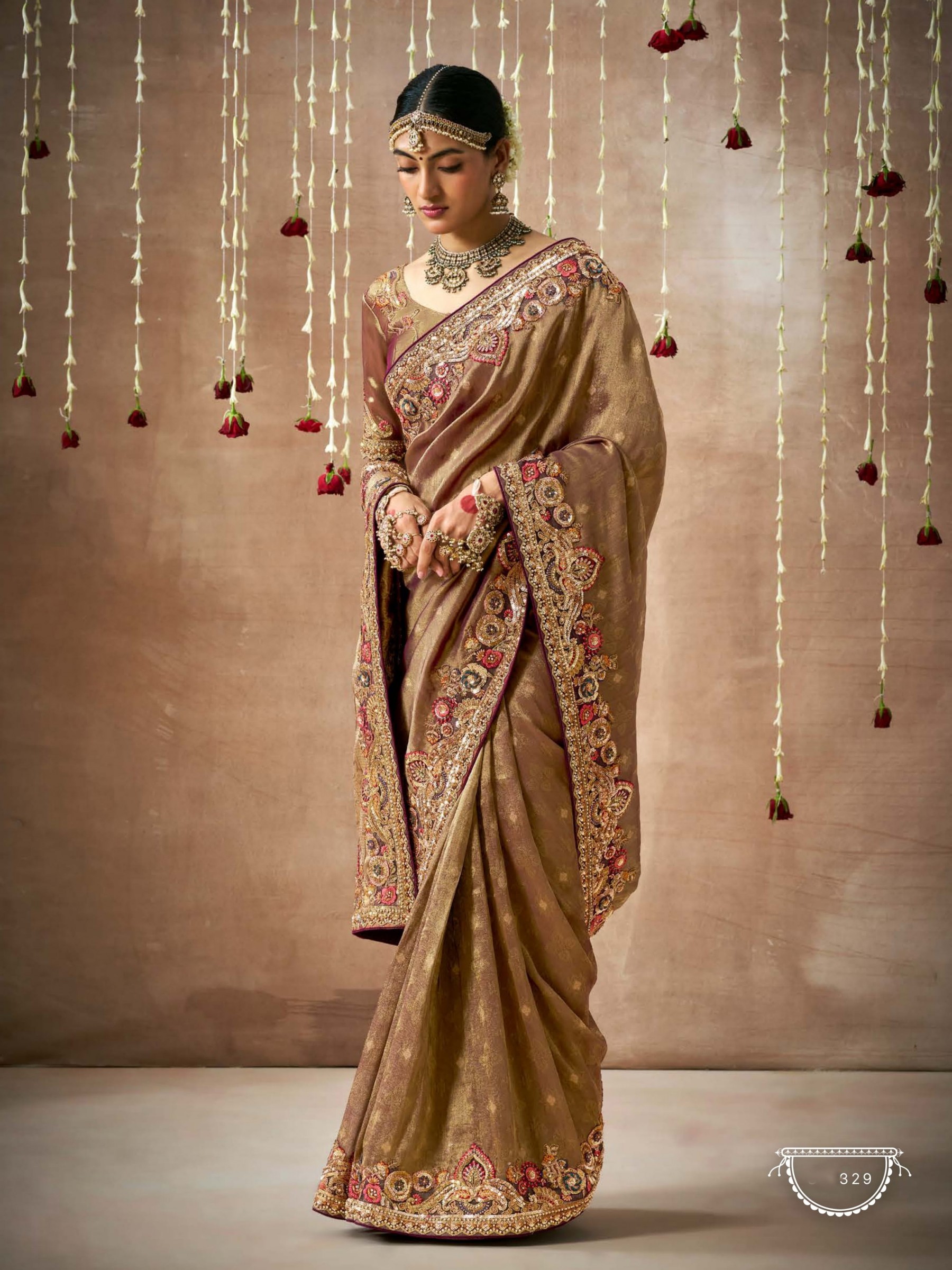 Pure Organza Silk Party wear Saree Brown Color With Embroidery Work 