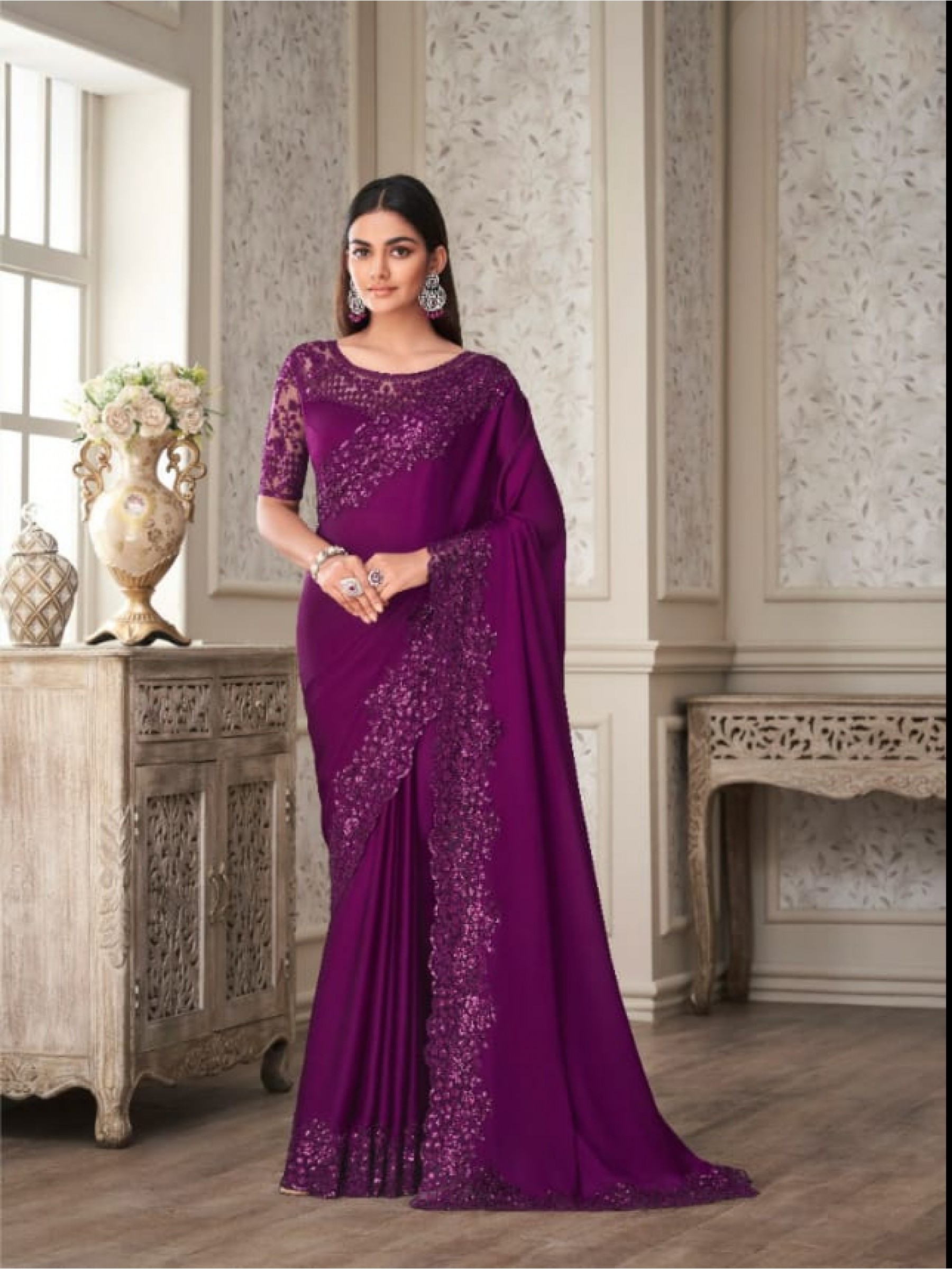 Sateen Chiffon Party Wear  Saree In Purple Color With Embroidery Work