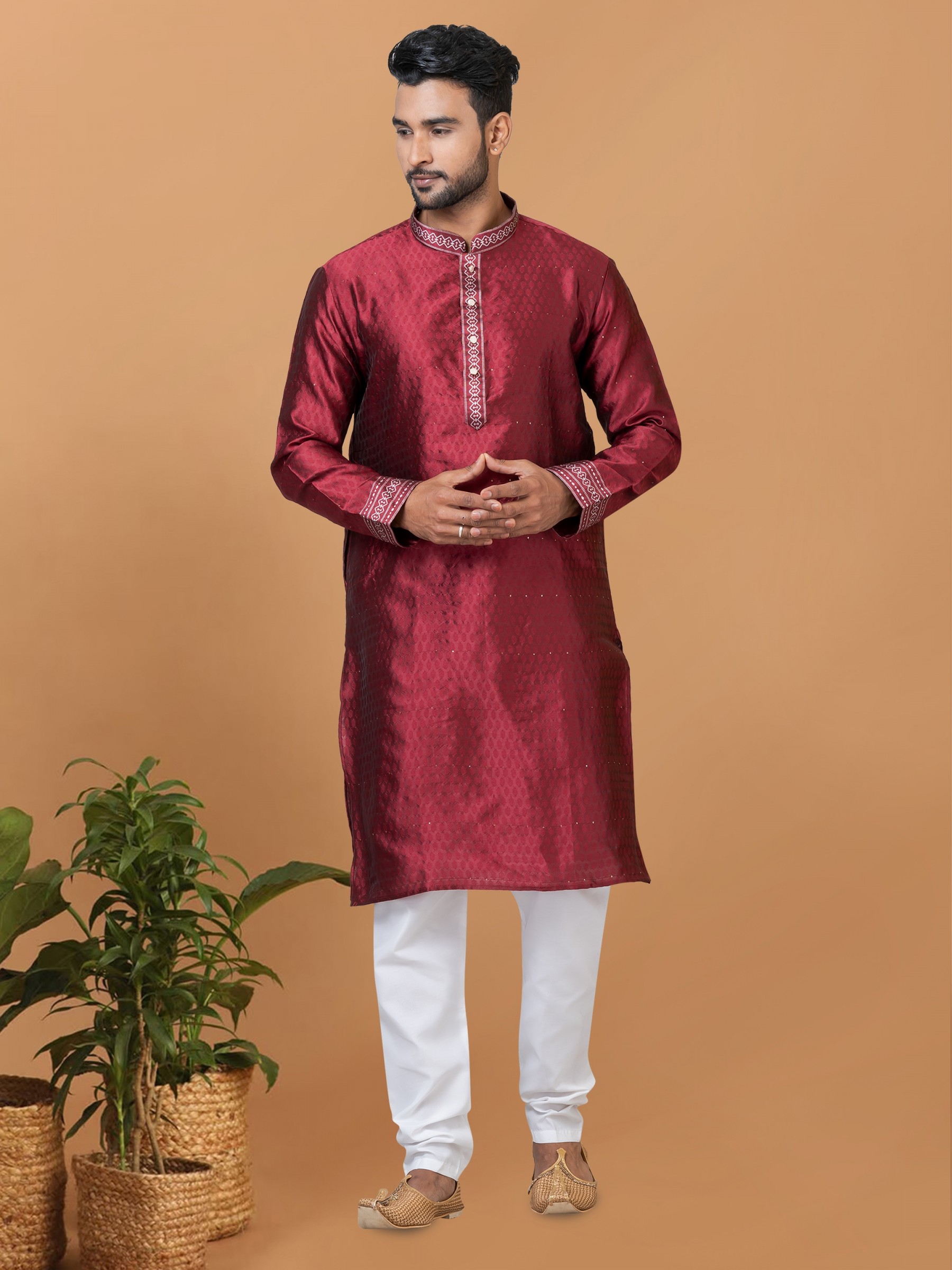 Silk Readymade Kurta set in Maroon with Embroidery Work
