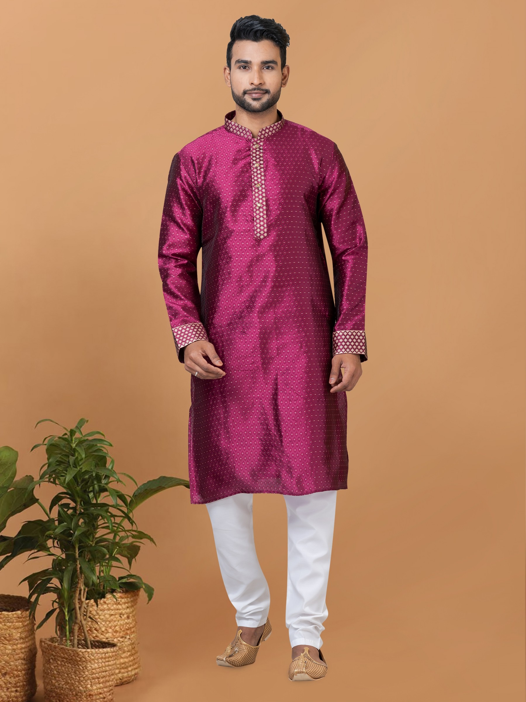 Silk Readymade Kurta set in Magenta with Embroidery Work