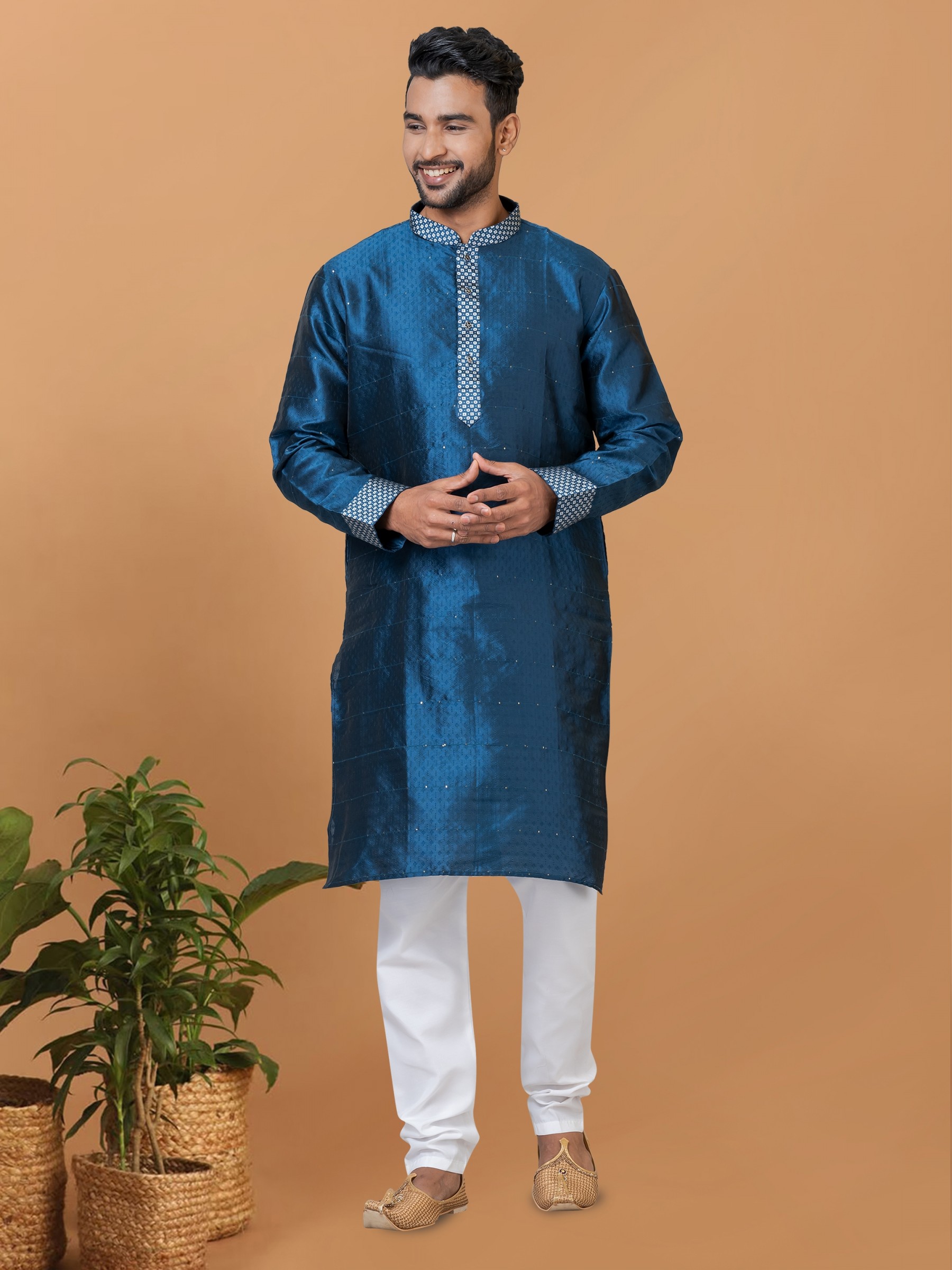 Silk Readymade Kurta set in Teal with Embroidery Work