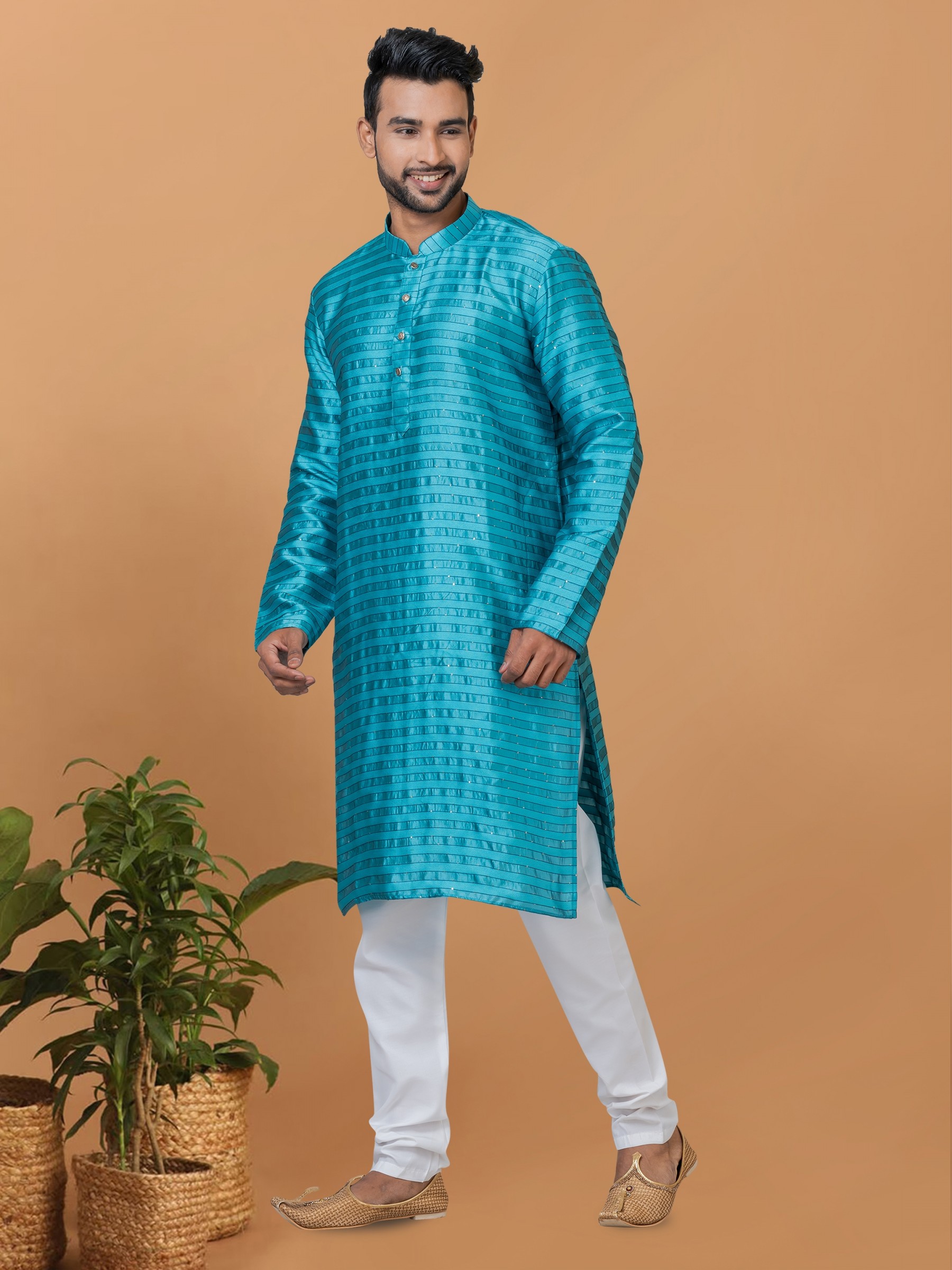Silk Readymade Kurta set in Firozi with Embroidery Work