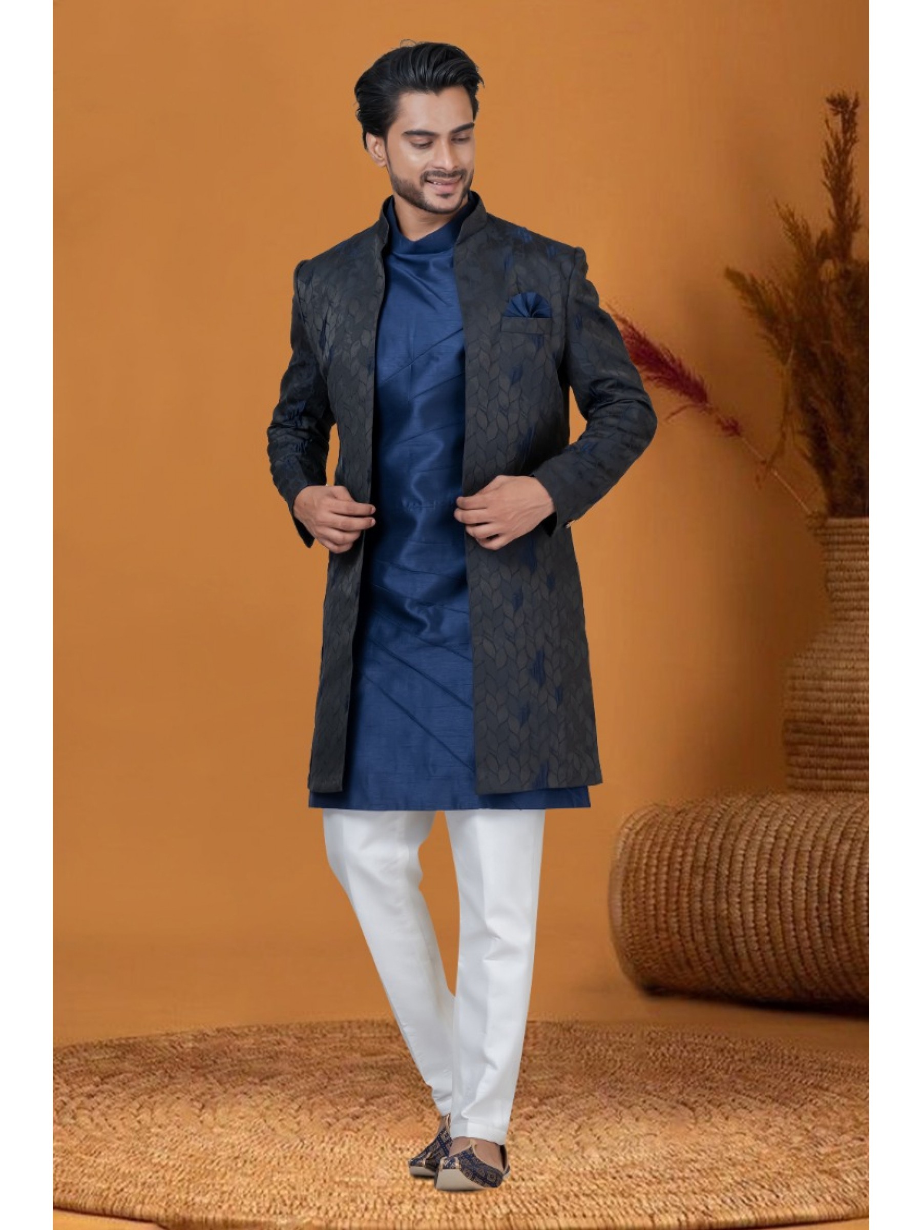 Jacquard IndoWestern Ready Made Dress in Blackish Blue with Jacquard Work 