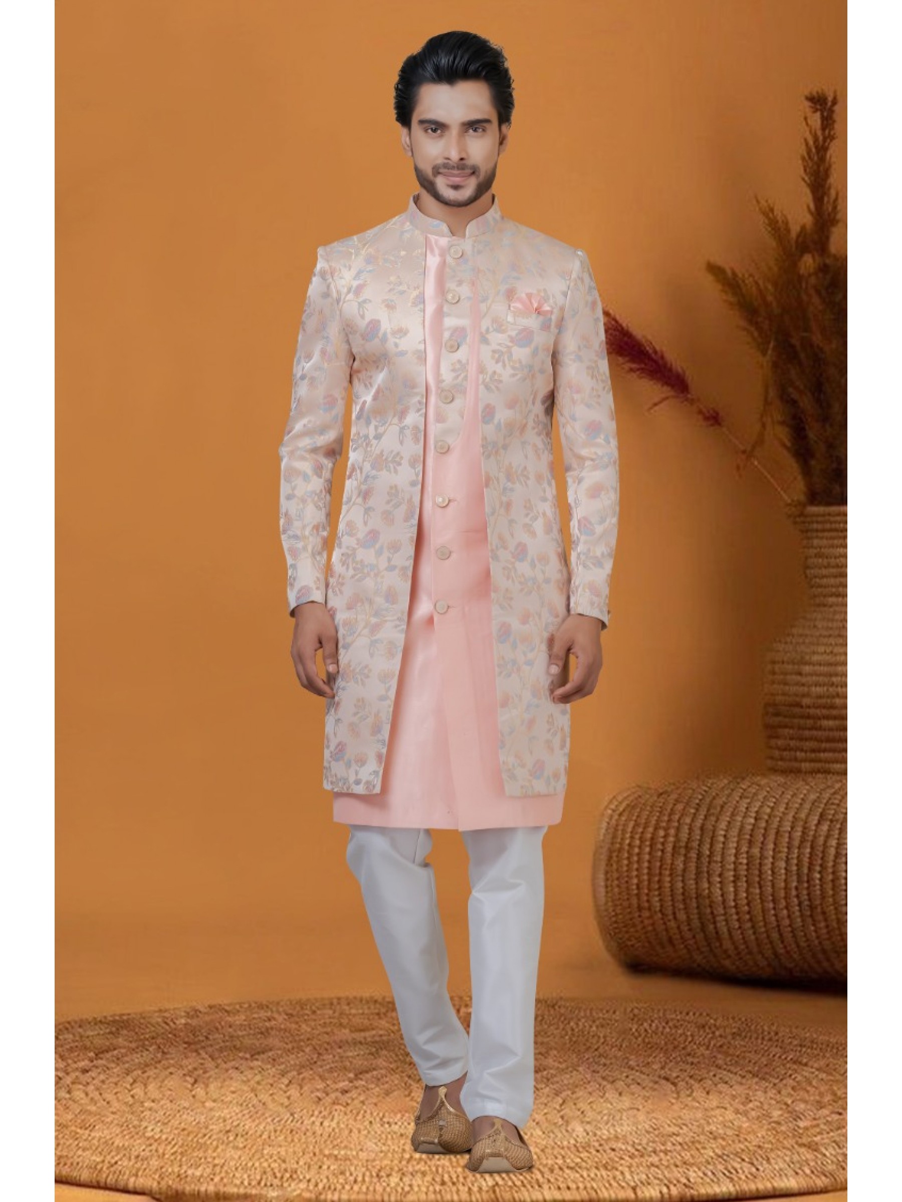 Jacquard IndoWestern Ready Made Dress in Peach Color with Jacquard Work 