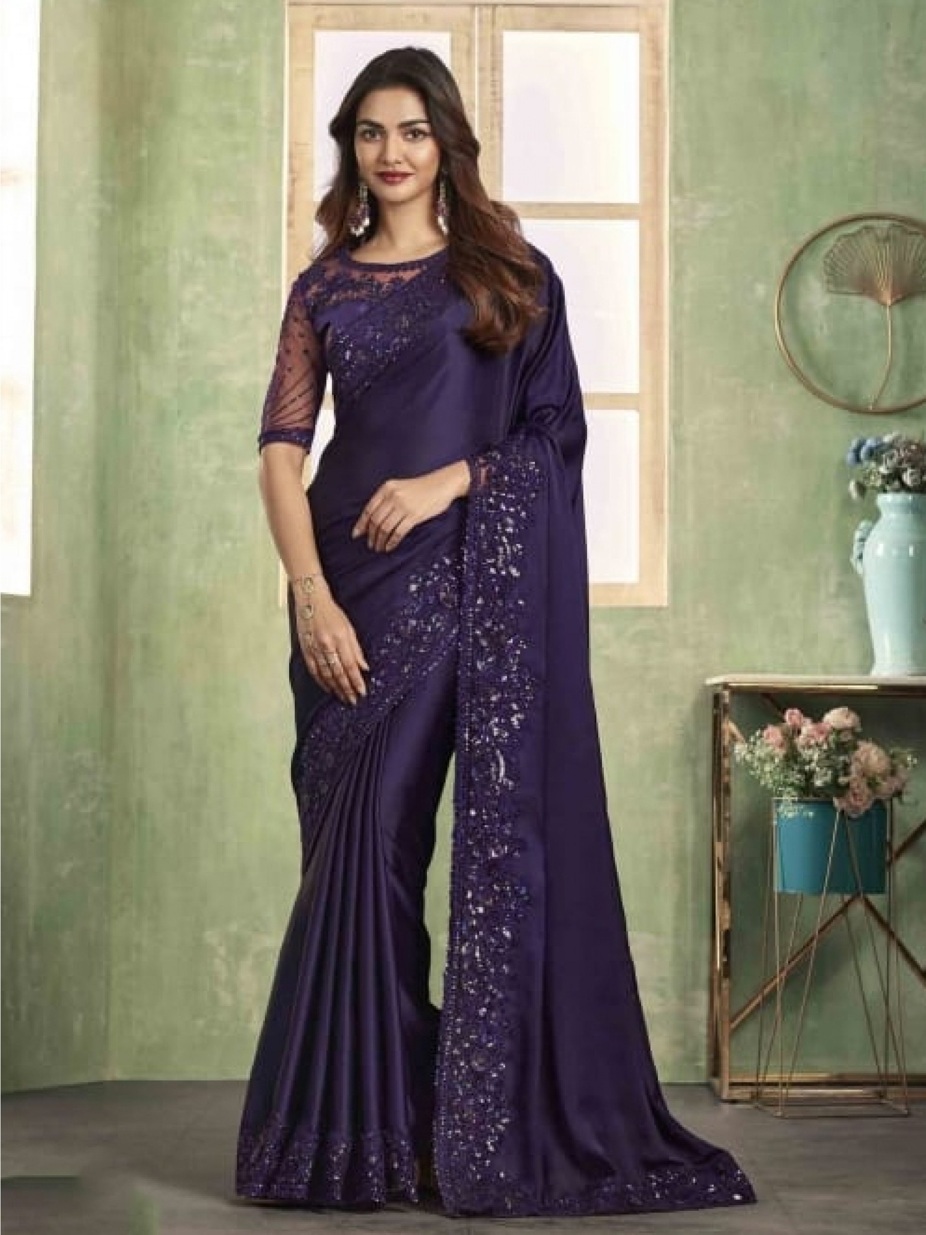 Pure  Silk Saree In Blue Color With Embroidery Work