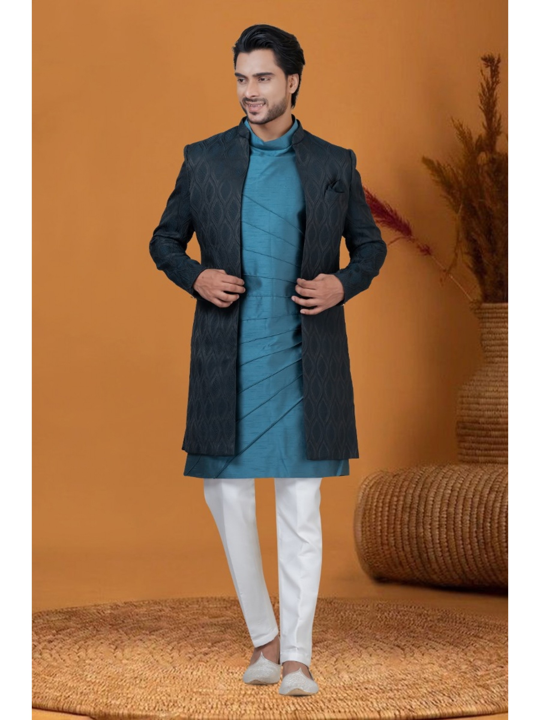 Jacquard IndoWestern Ready Made Dress in Blackish Blue with Jacquard Work 