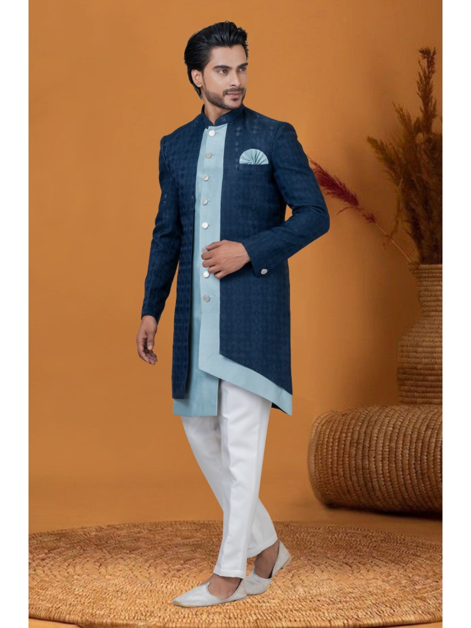 Jacquard IndoWestern Ready Made Dress in Navy Blue Color with Jacquard Work 