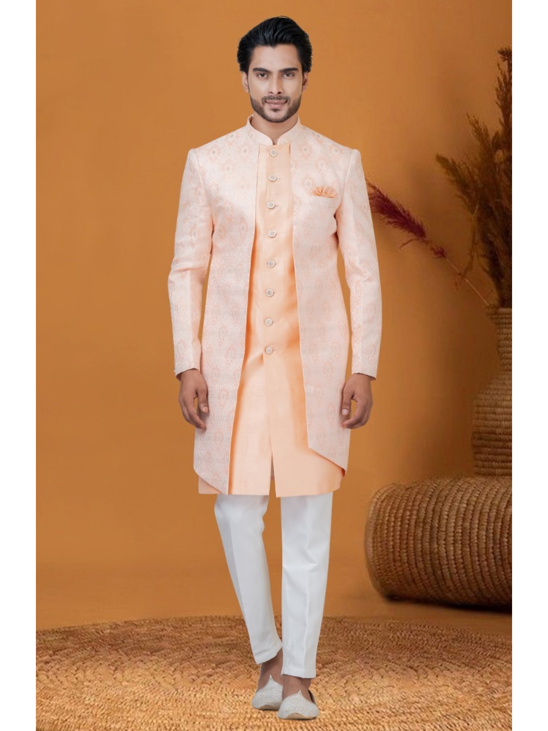 Jacquard IndoWestern Ready Made Dress in Peach Color with Jacquard Work 