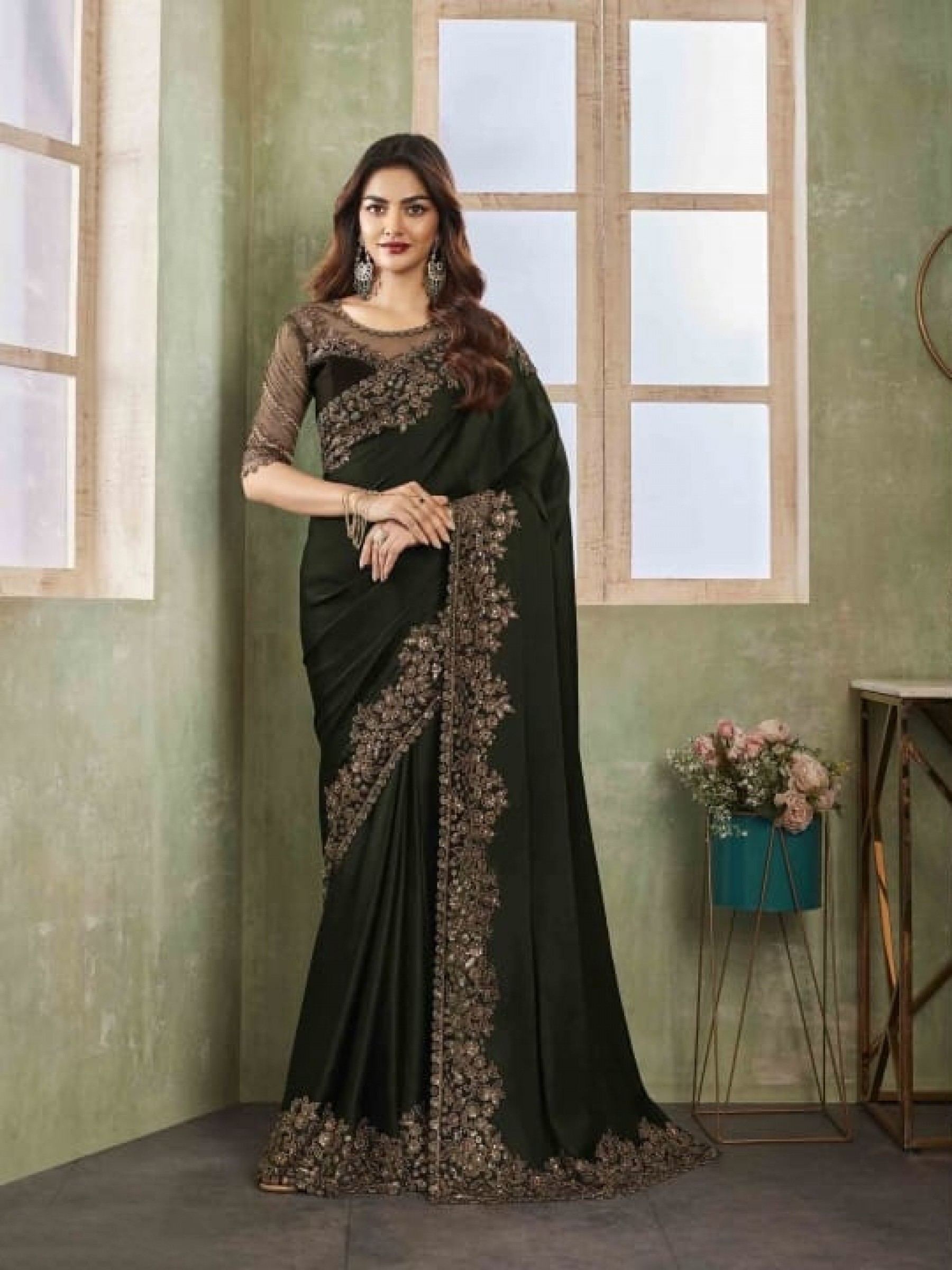 Sateen Chiffon Saree In BlackColor With Embroidery Work
