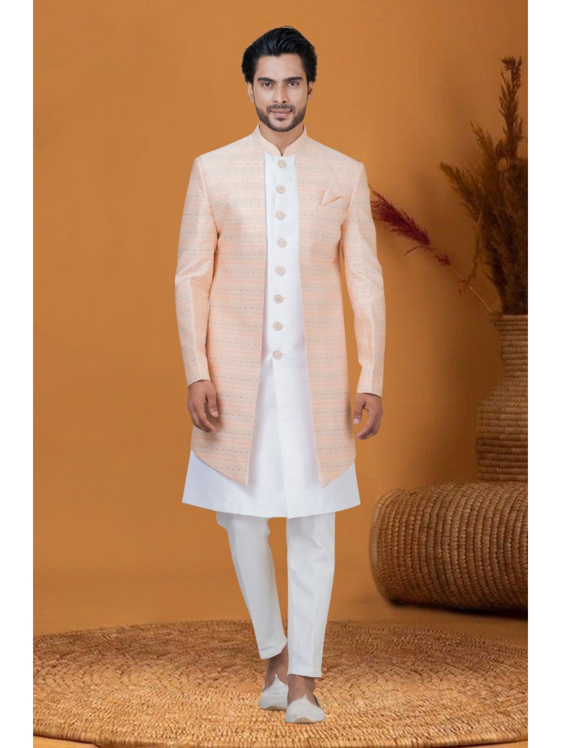 Jacquard IndoWestern Ready Made Dress in Peach Color with Jacquard Work 
