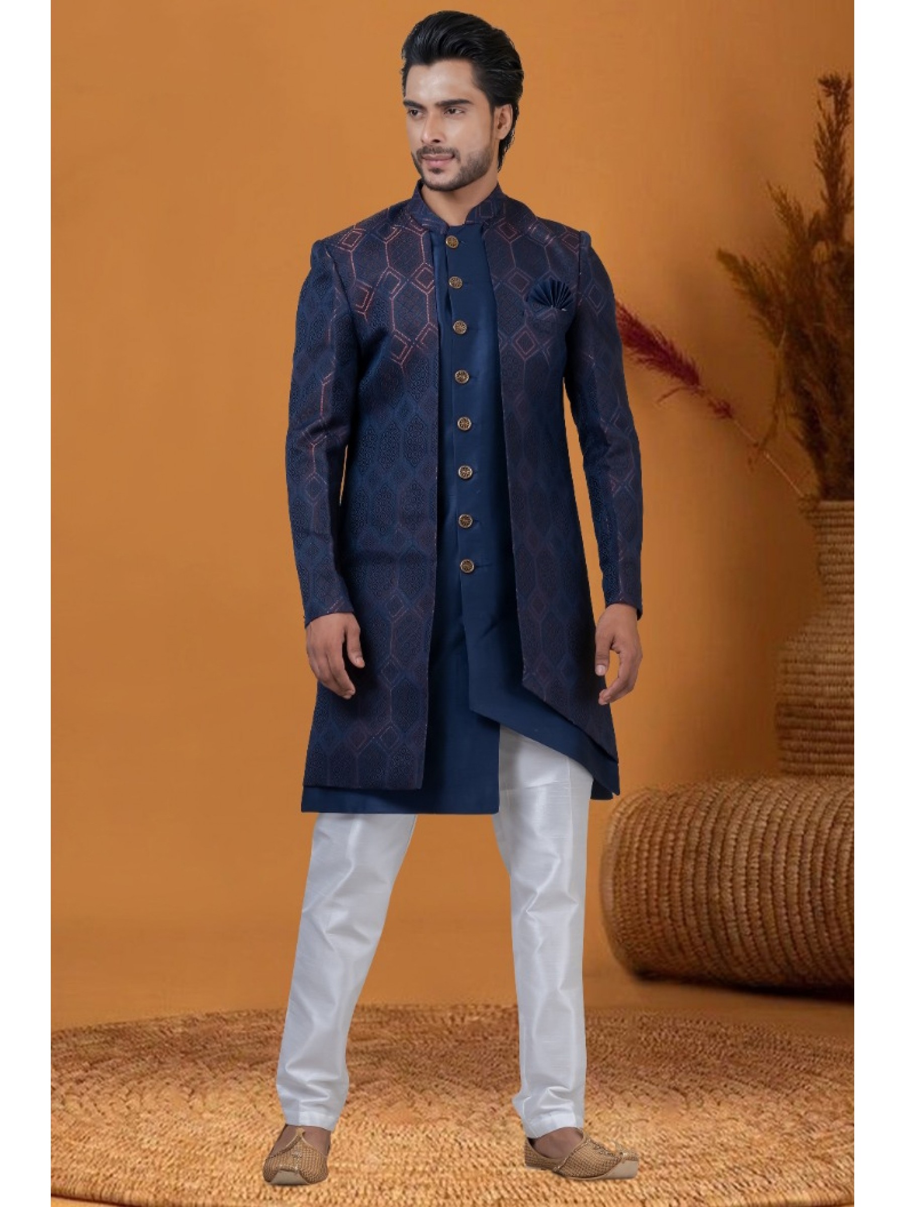 Jacquard IndoWestern Ready Made Dress in Blue Color with Jacquard Work 