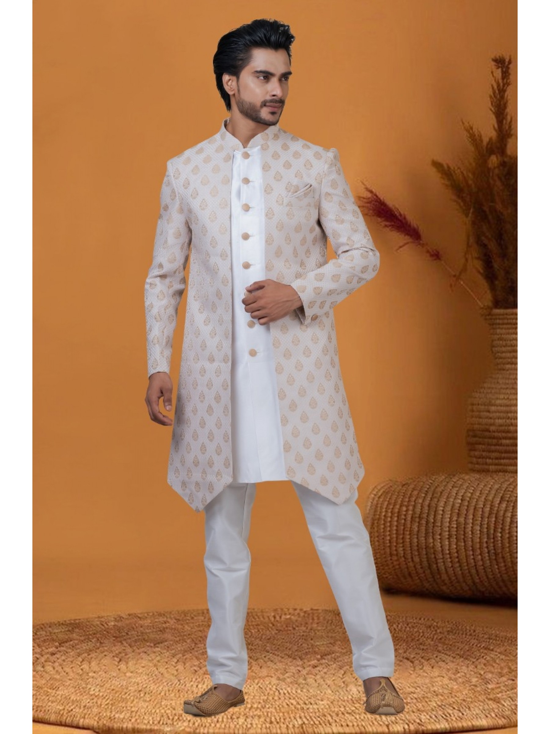 Jacquard IndoWestern Ready Made Dress in Cream Color with Jacquard Work 