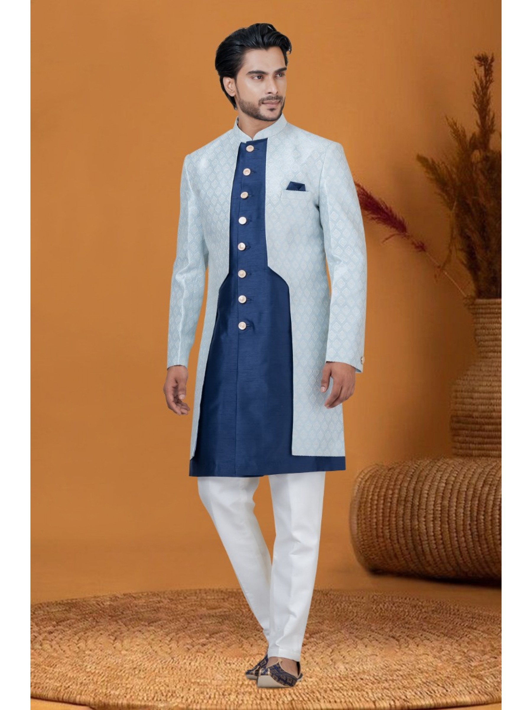 Jacquard IndoWestern Ready Made Dress in Sky Color with Jacquard Work 